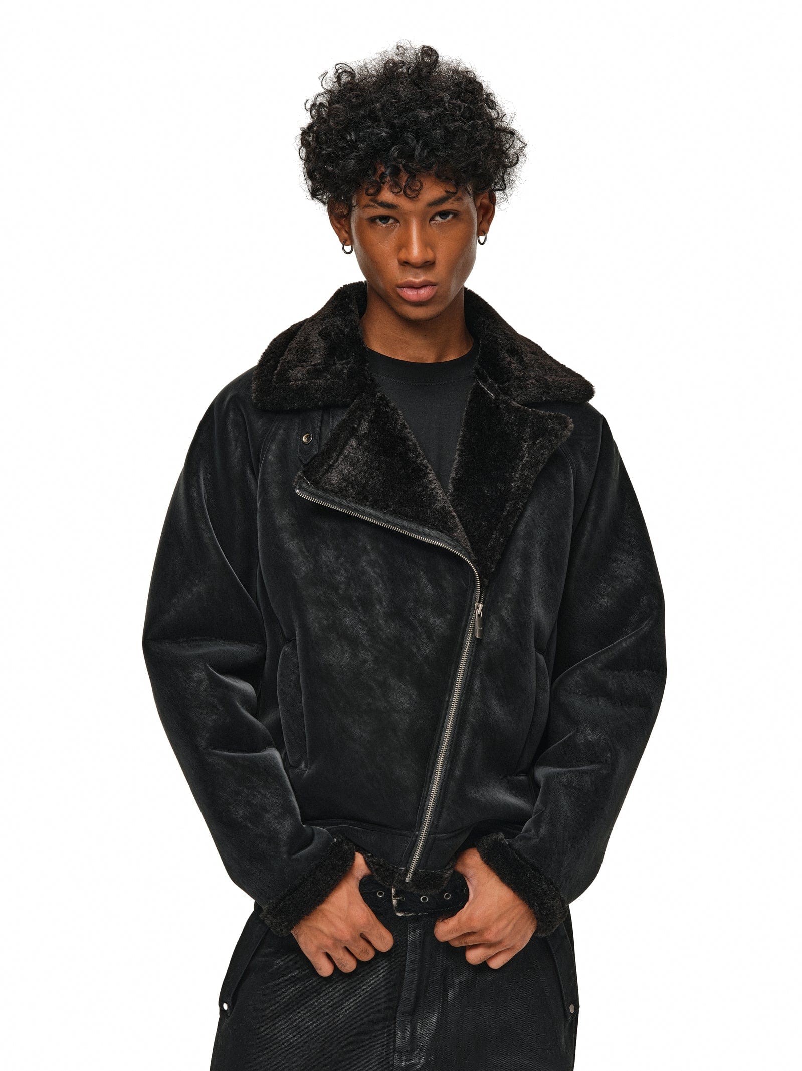 Asymmetric Zipper Shearling Jacket