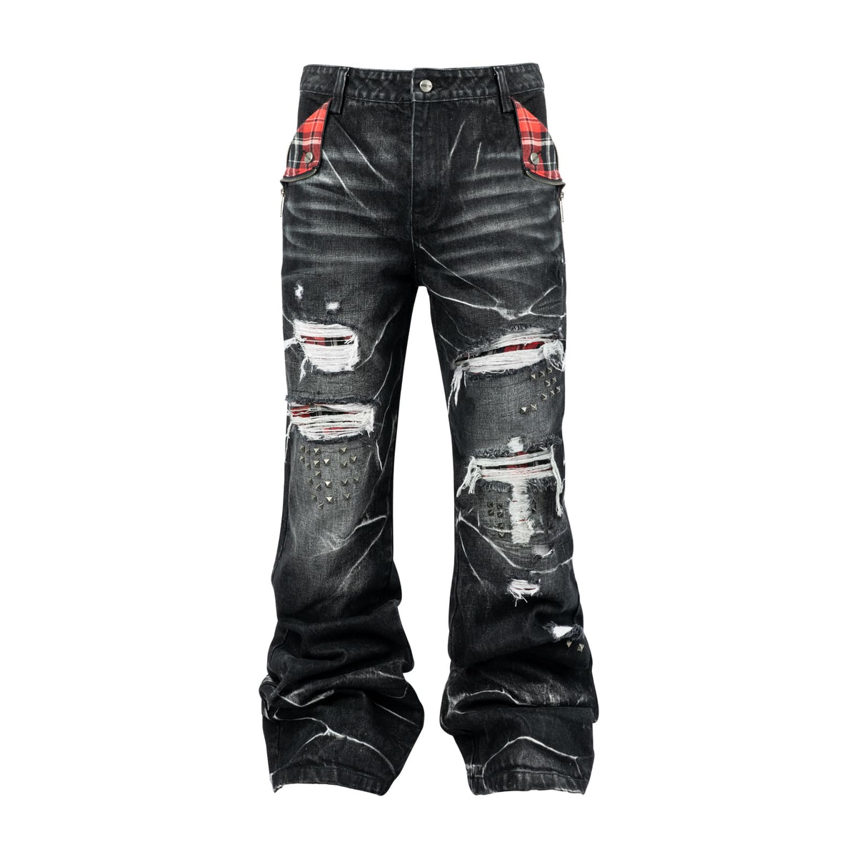 Black / S Claw Mark Plaid Patch Distressed Black Jeans