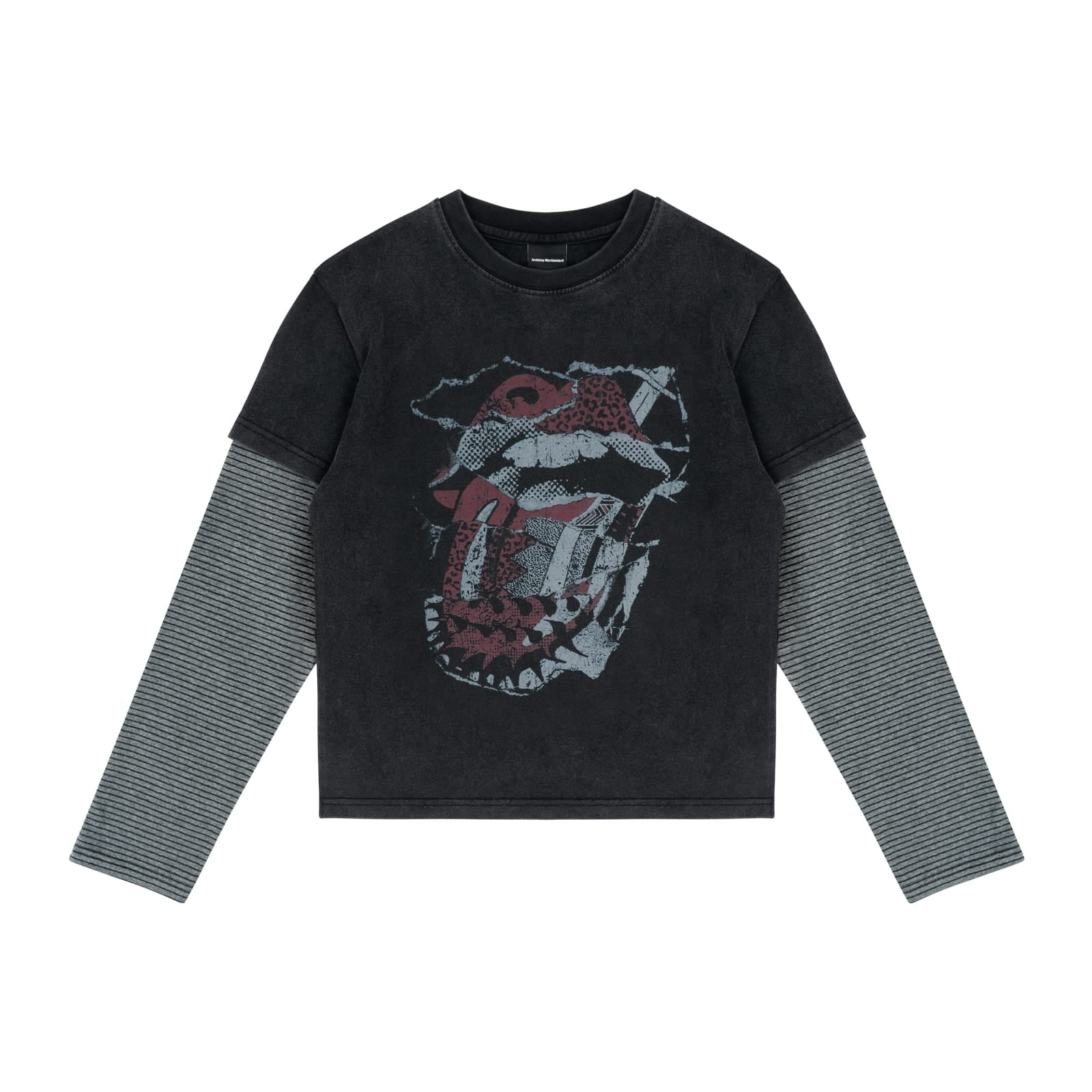 Black / S Washed Layered Striped Sleeve Tee