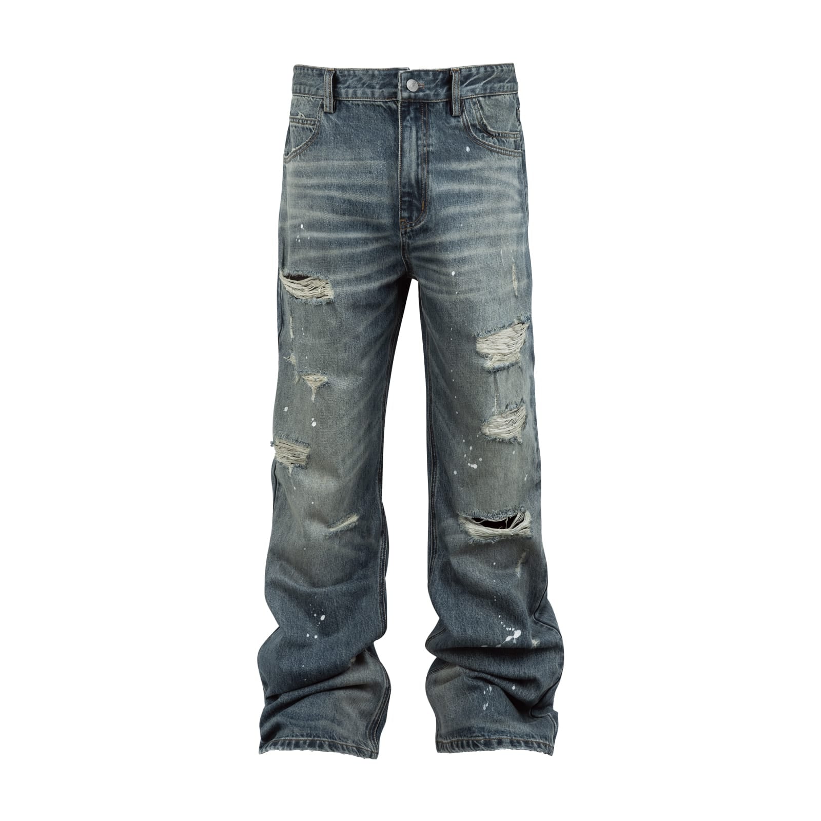 Blue / S Embroidered Distressed Washed Jeans