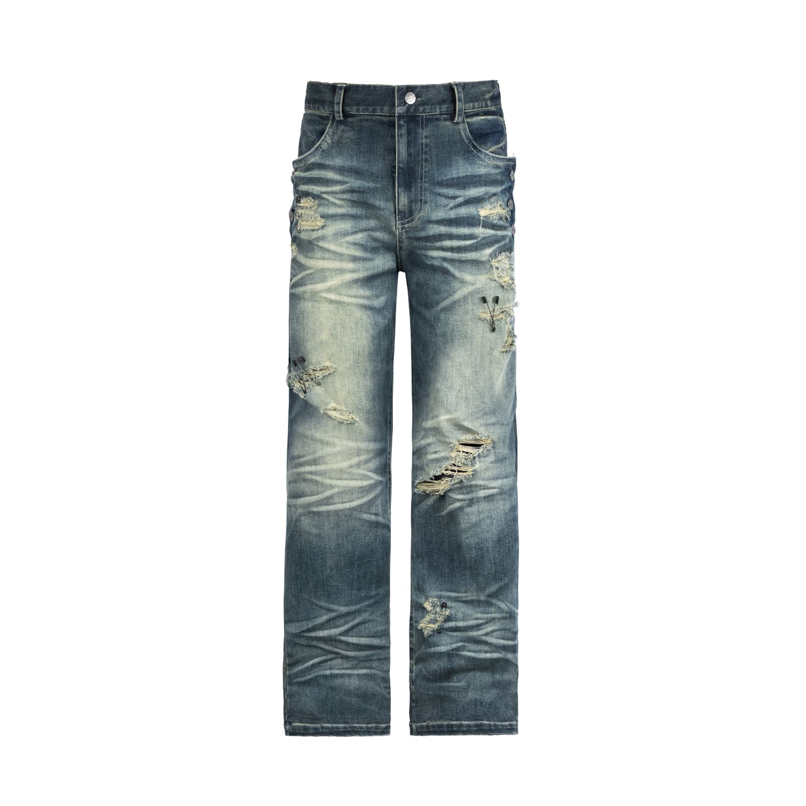 Blue / S Vintage Washed Straight-Leg Safety Pin Jeans