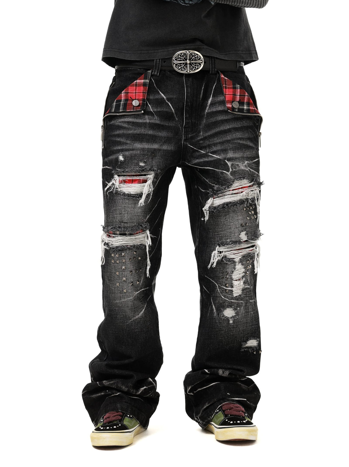 Claw Mark Plaid Patch Distressed Black Jeans