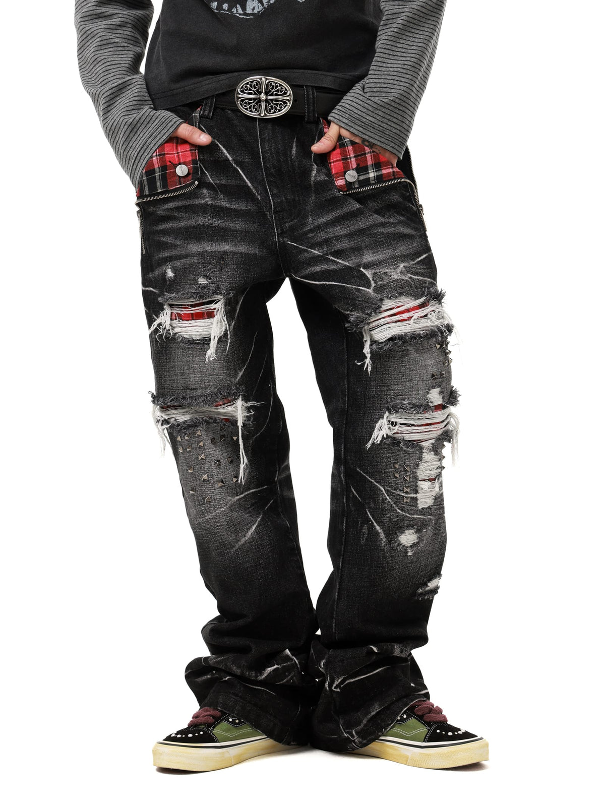 Claw Mark Plaid Patch Distressed Black Jeans