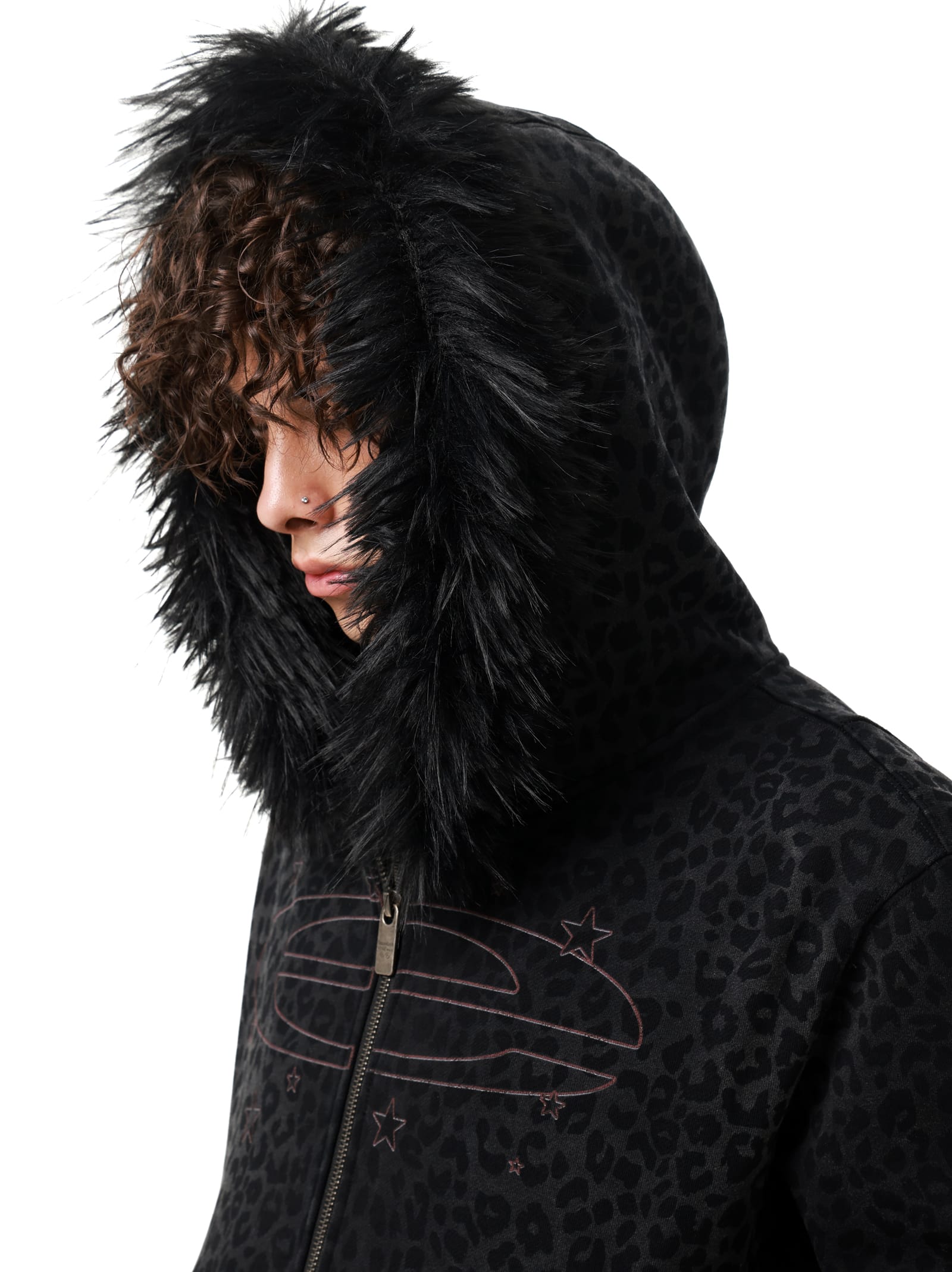 Distressed Leopard Print Zip-Up Hoodie