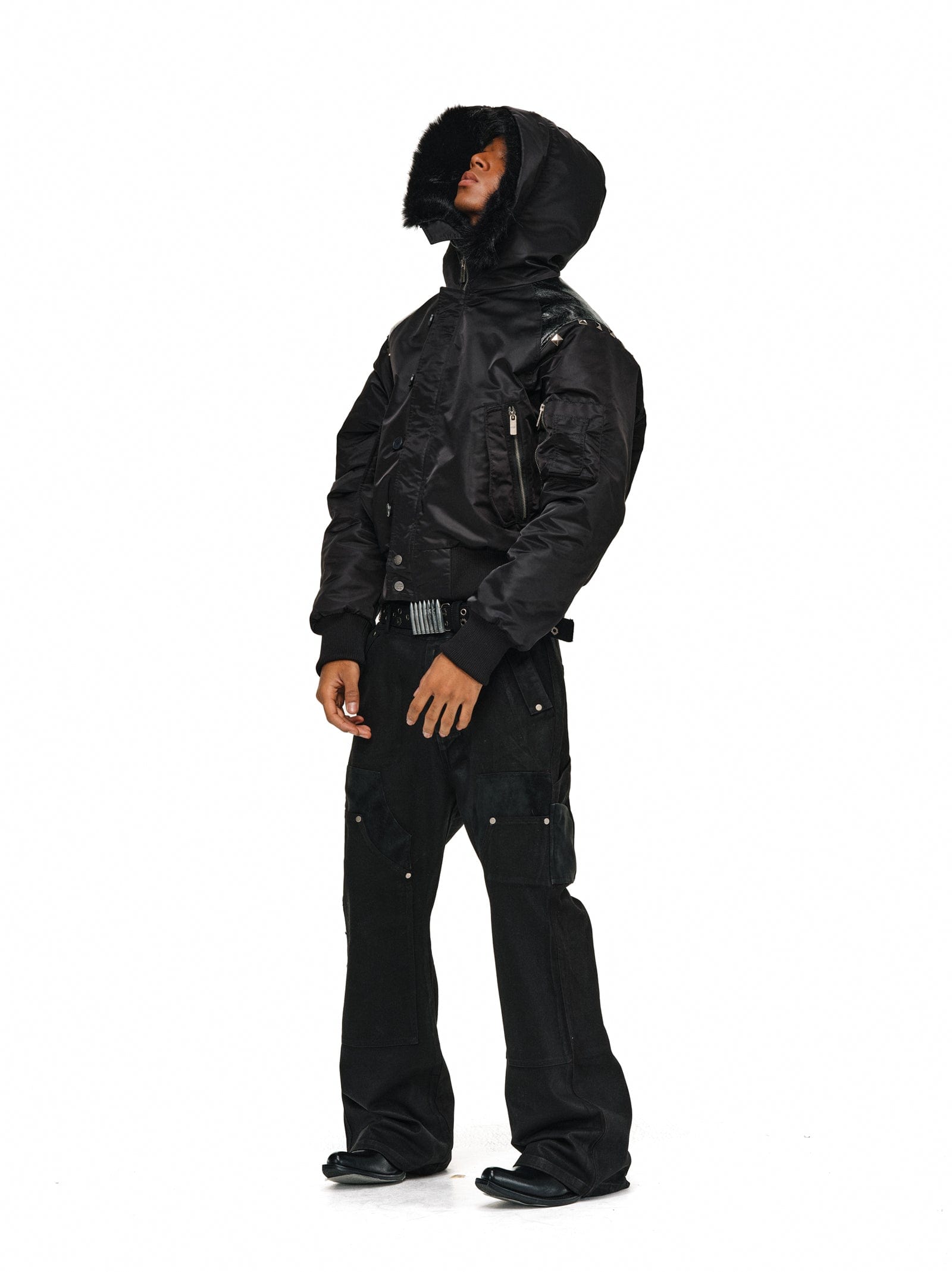 Leather-Panel Studded N2B Bomber Jacket