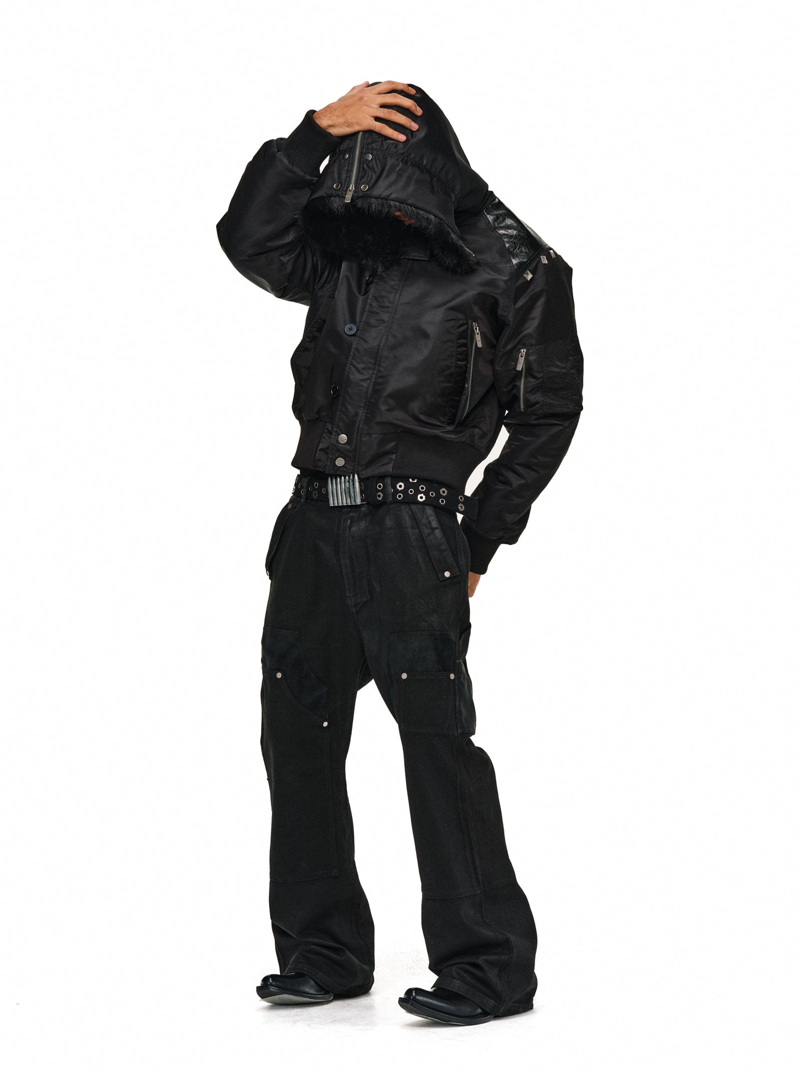 Leather-Panel Studded N2B Bomber Jacket