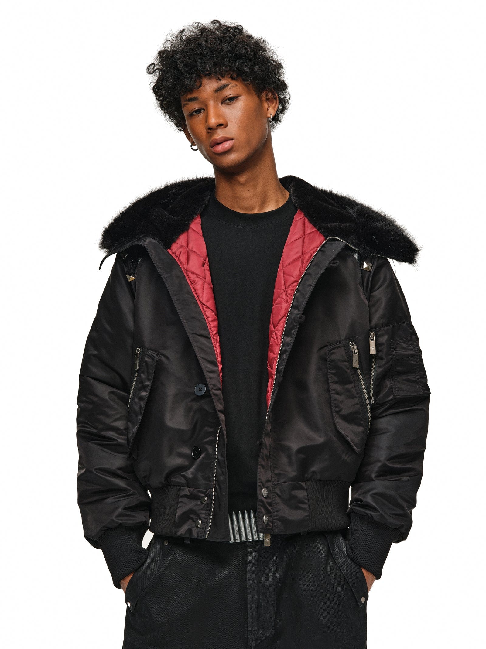 Leather-Panel Studded N2B Bomber Jacket