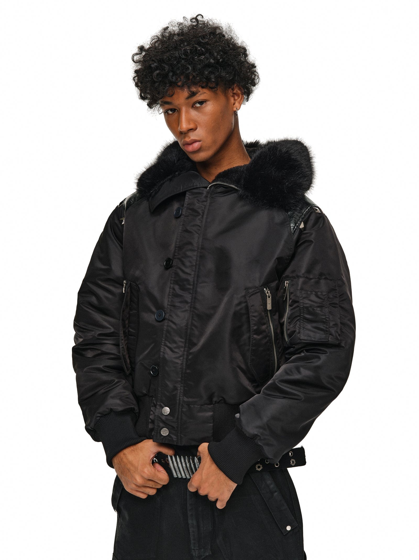 Leather-Panel Studded N2B Bomber Jacket