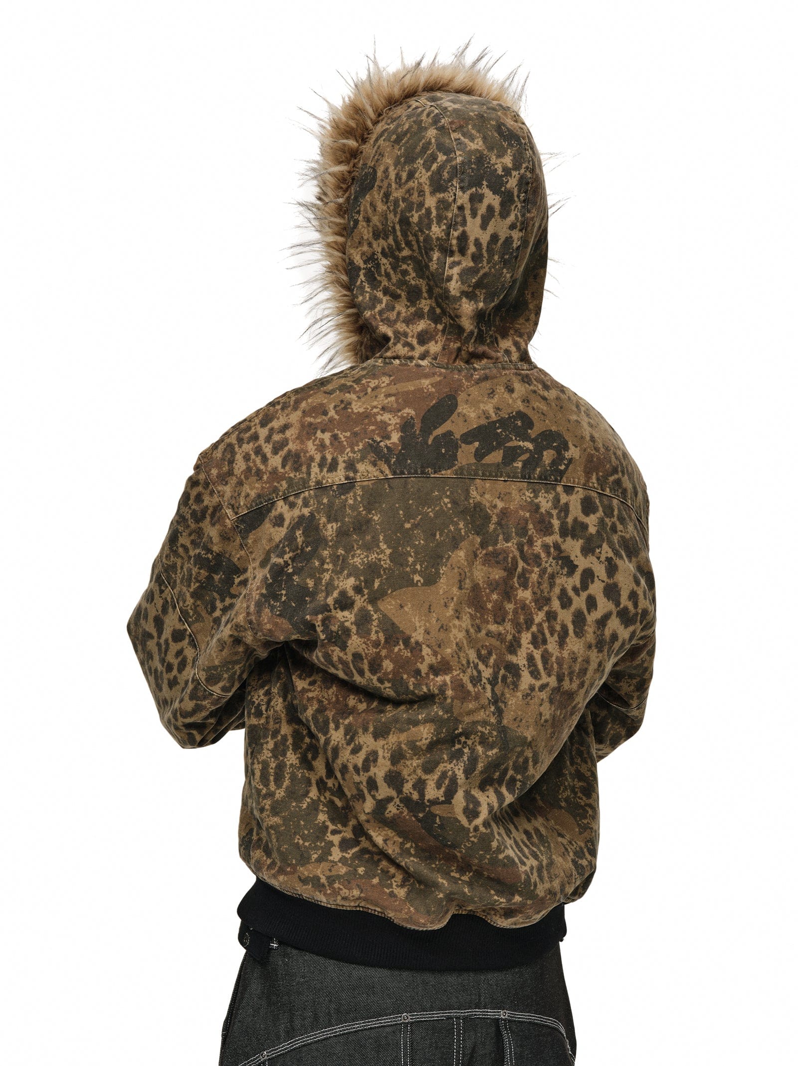 Leopard Camo Vintage Faux-Fur Bomber Jacket