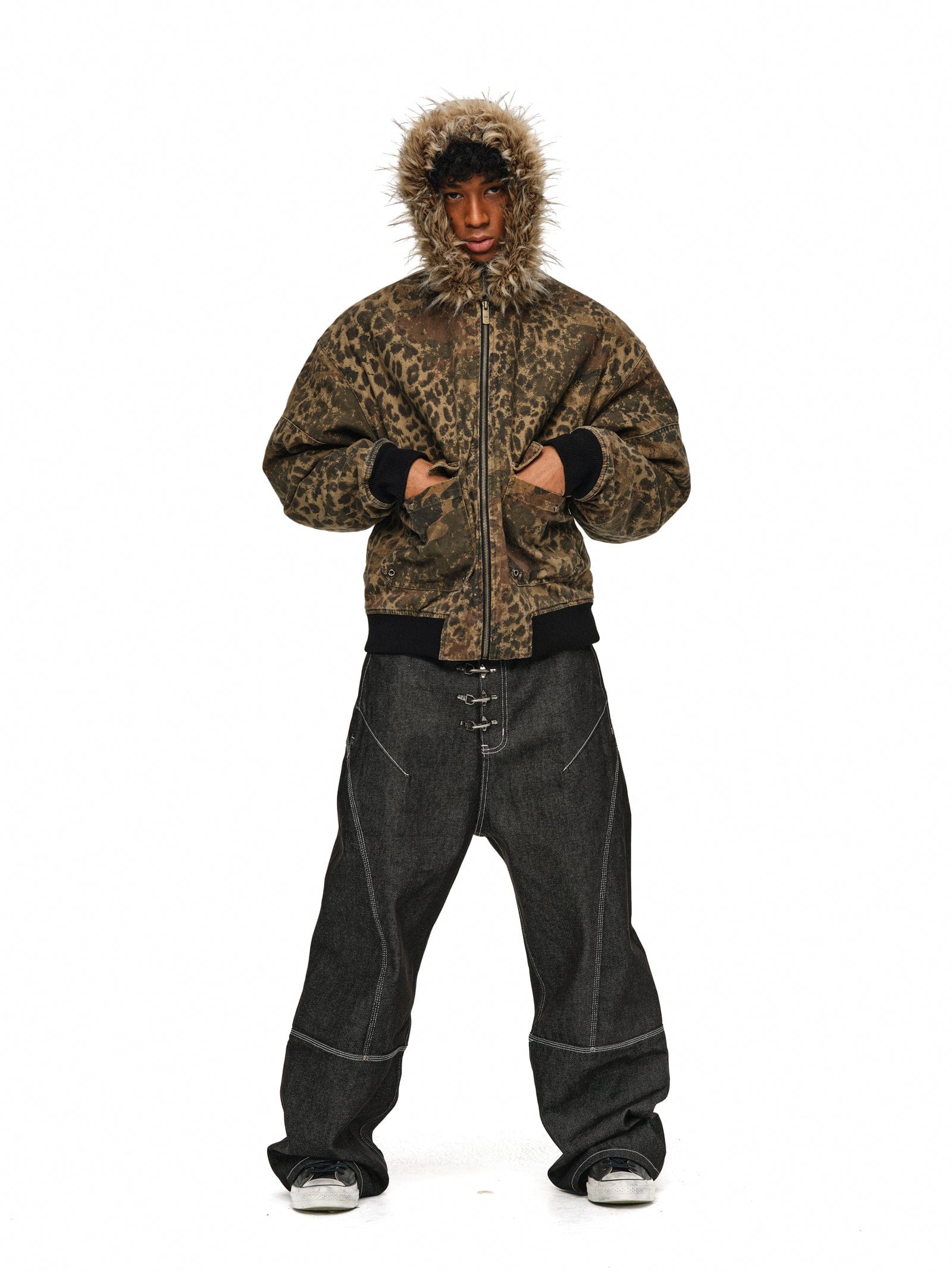 Leopard Camo Vintage Faux-Fur Bomber Jacket