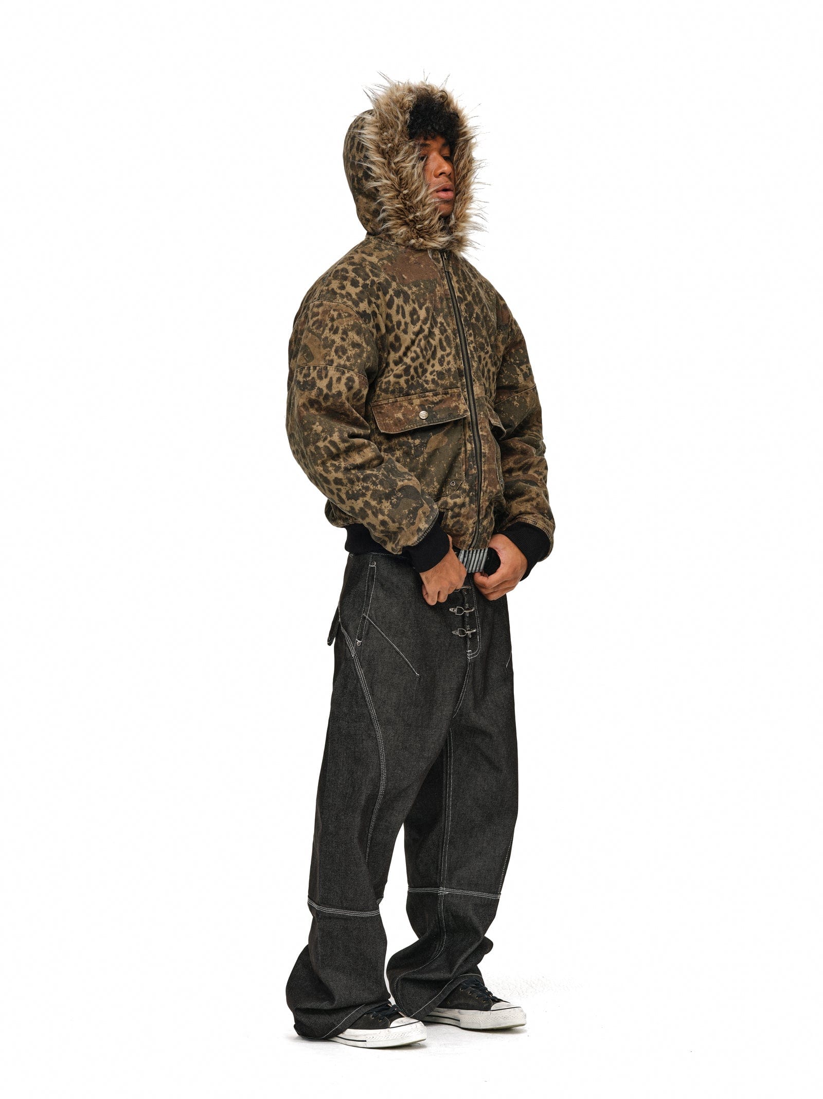 Leopard Camo Vintage Faux-Fur Bomber Jacket