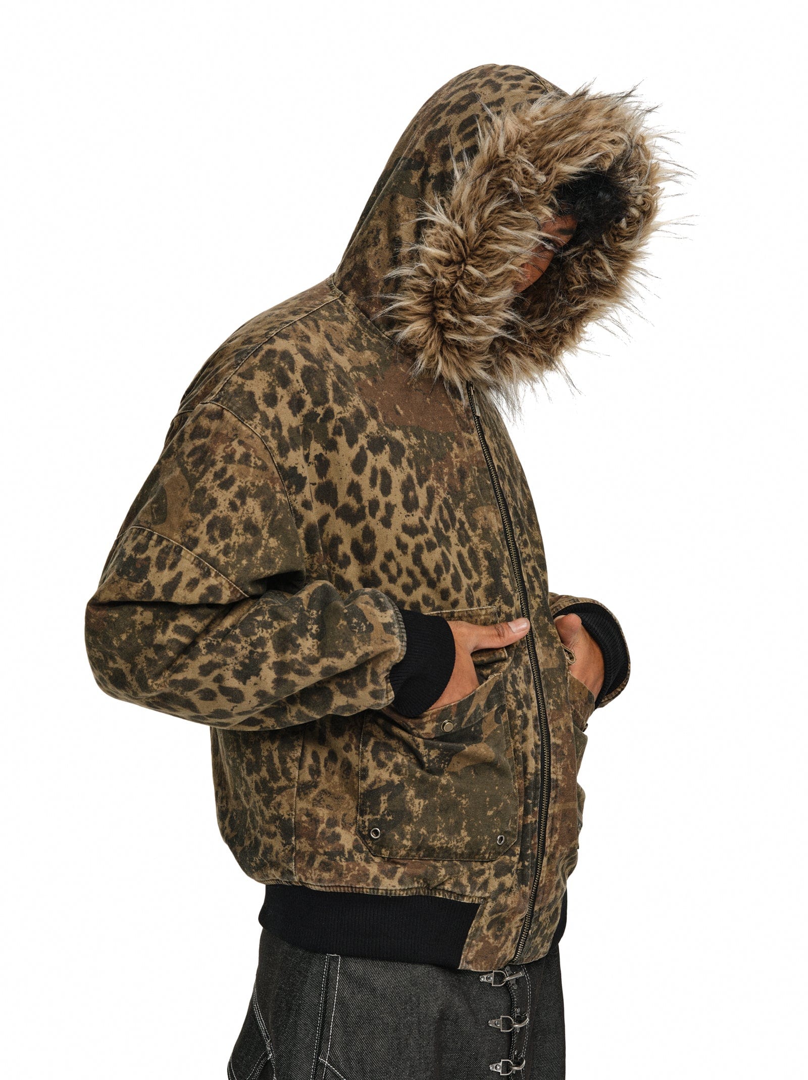Leopard Camo Vintage Faux-Fur Bomber Jacket