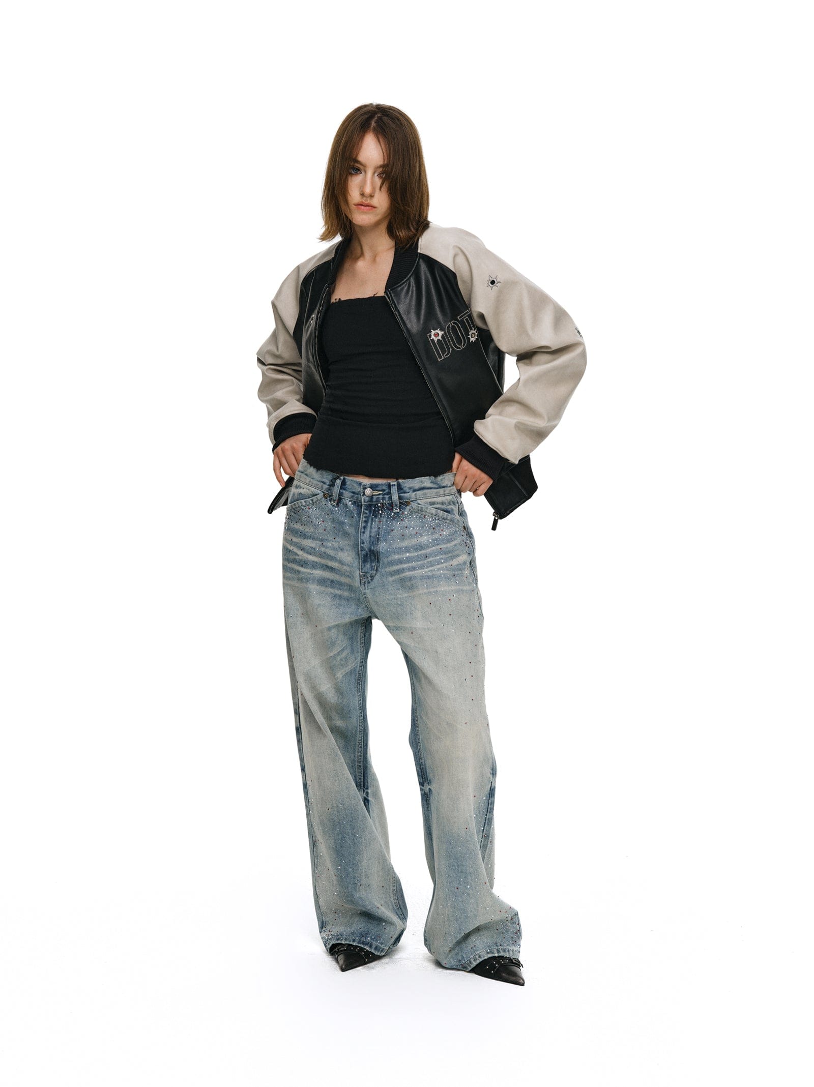Rhinestone Detailed Loose Fit Denim