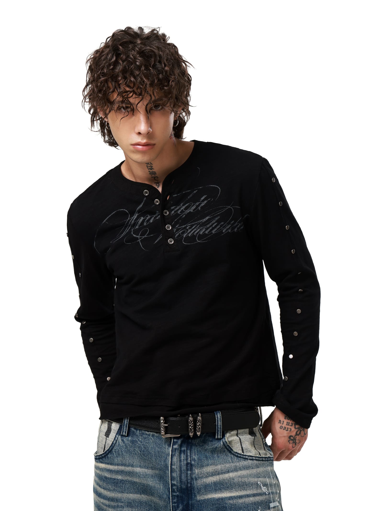 Studded Sleeve Henley Long Sleeve Tee