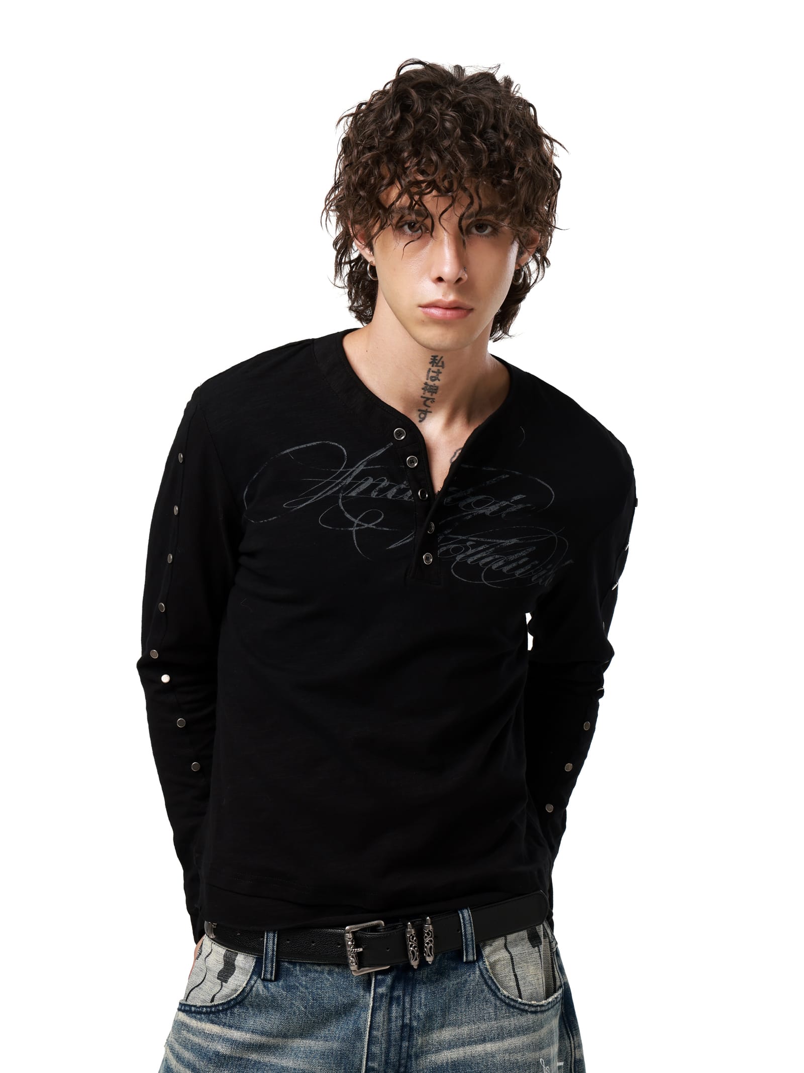 Studded Sleeve Henley Long Sleeve Tee