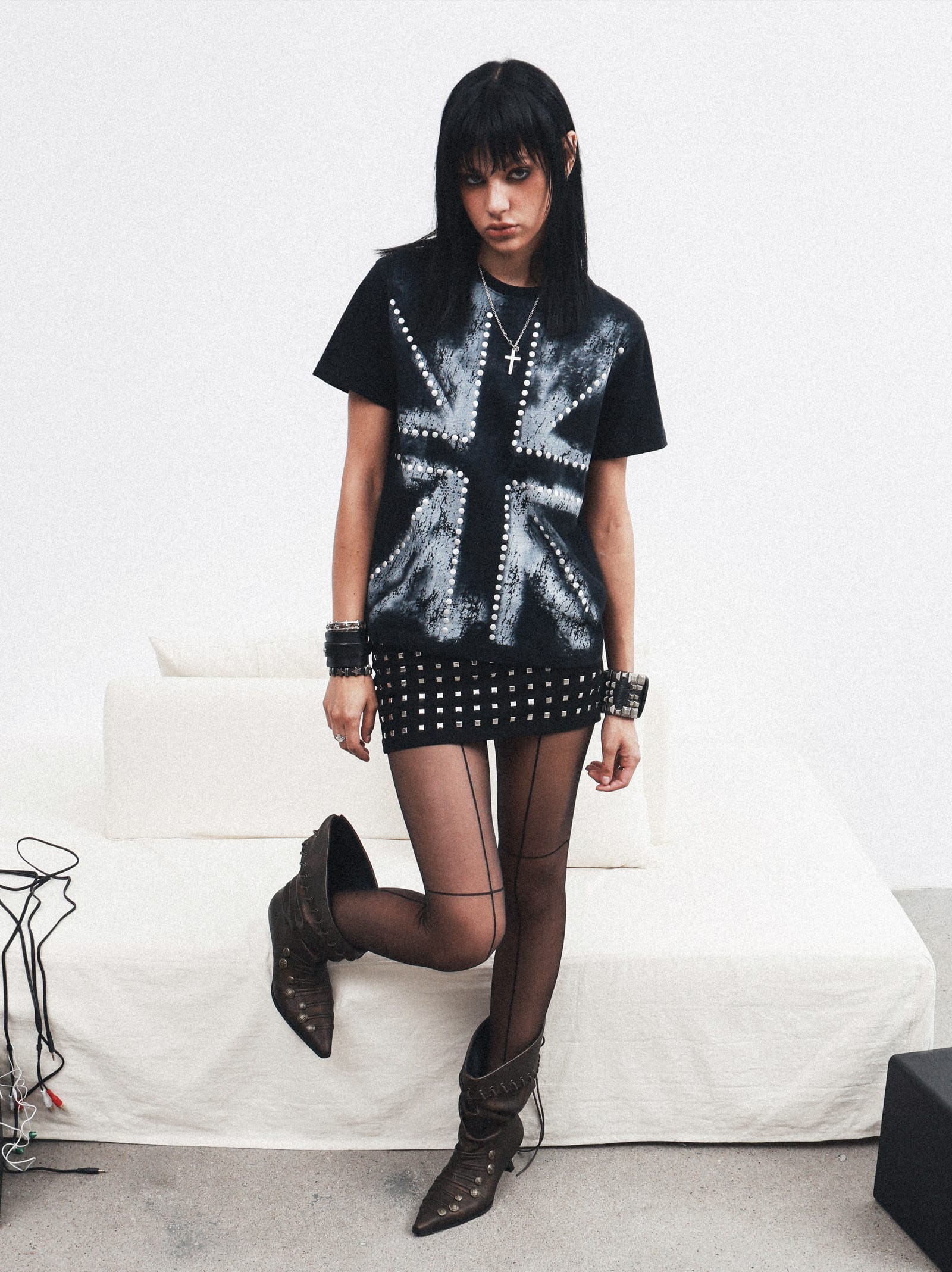 Studded Spray-Painted Distressed Graphic T-Shirt