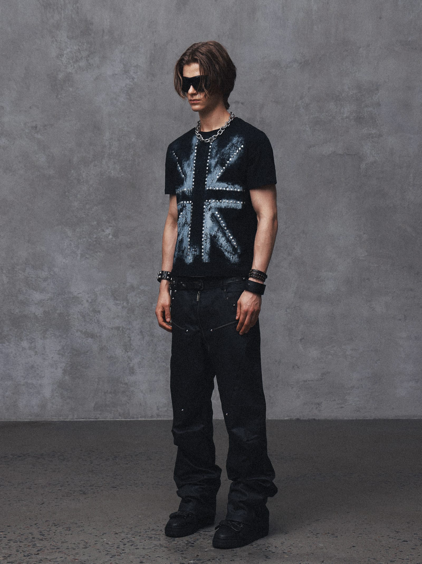 Studded Spray-Painted Distressed Graphic T-Shirt