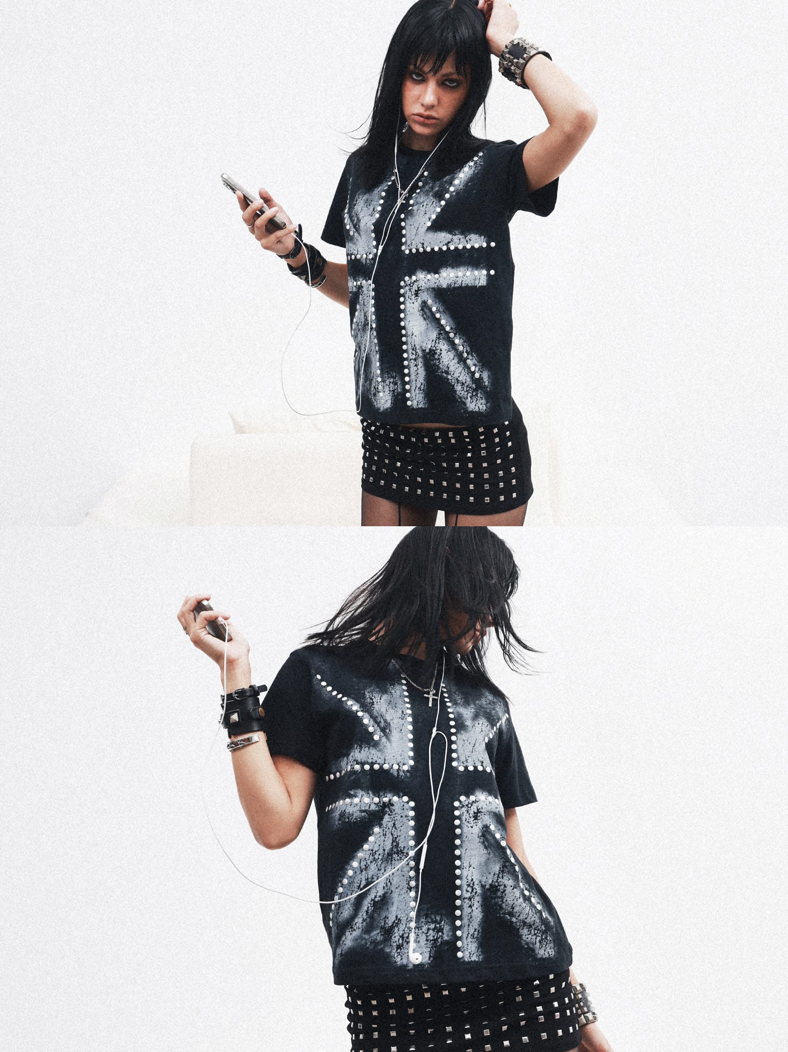 Studded Spray-Painted Distressed Graphic T-Shirt