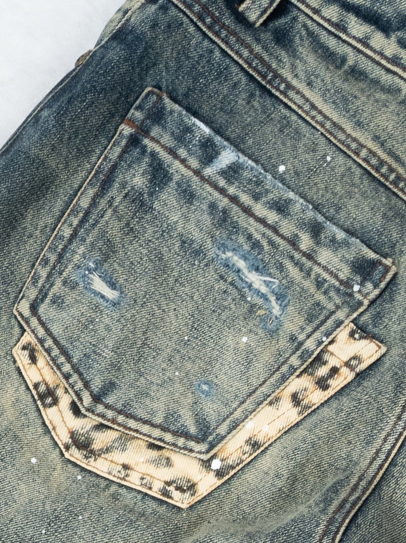 Vintage Washed Distressed Leopard Print Denim Pants