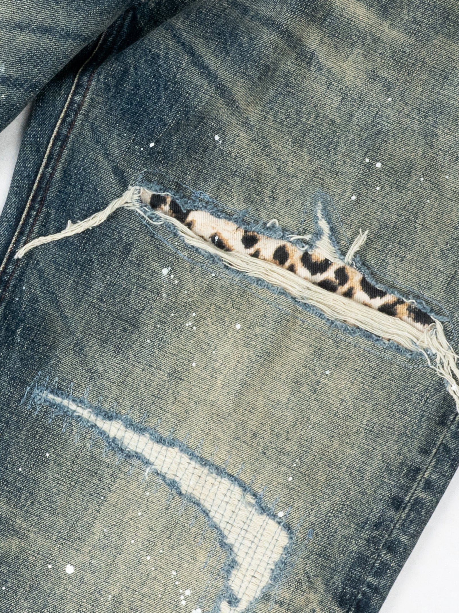 Vintage Washed Distressed Leopard Print Denim Pants