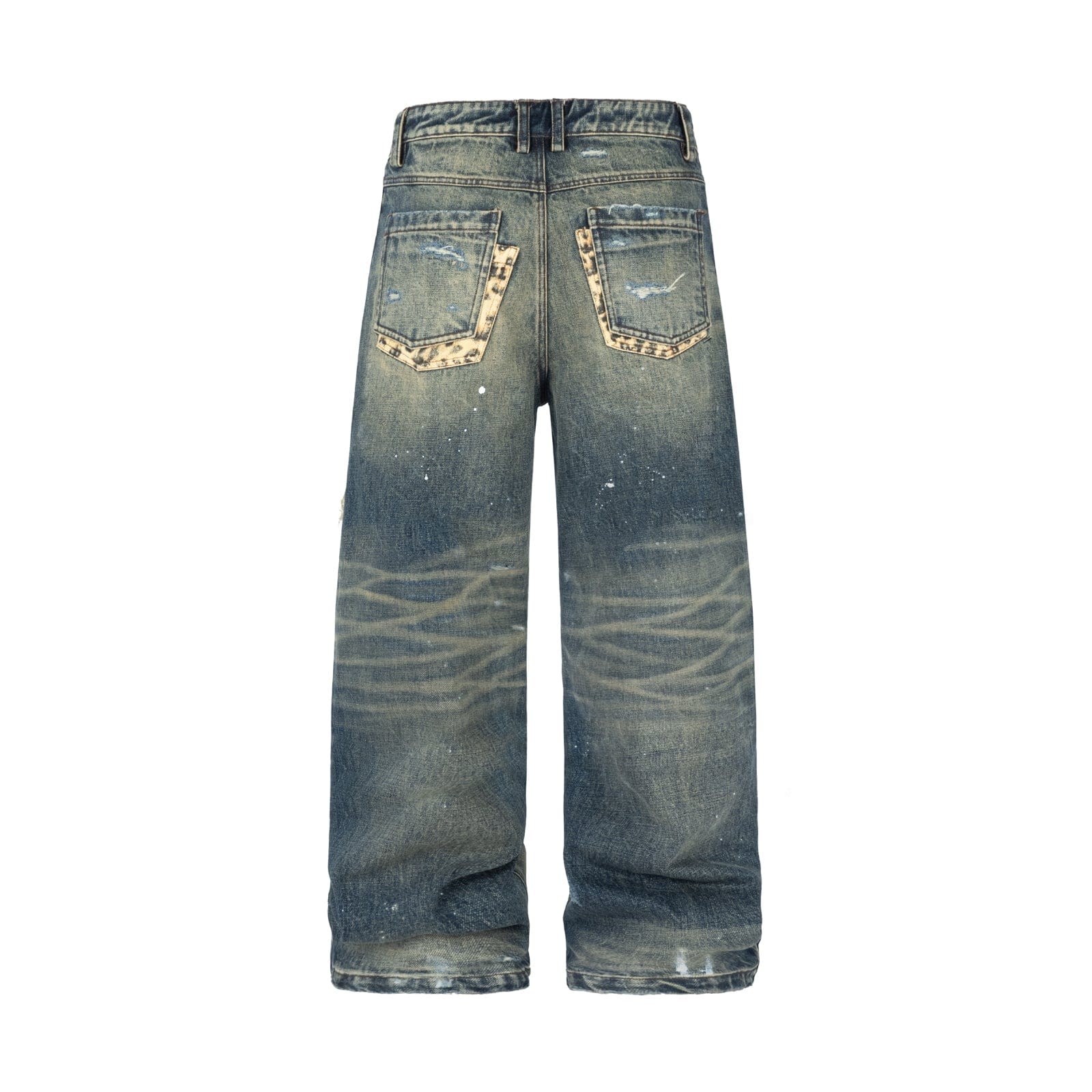 Vintage Washed Distressed Leopard Print Denim Pants