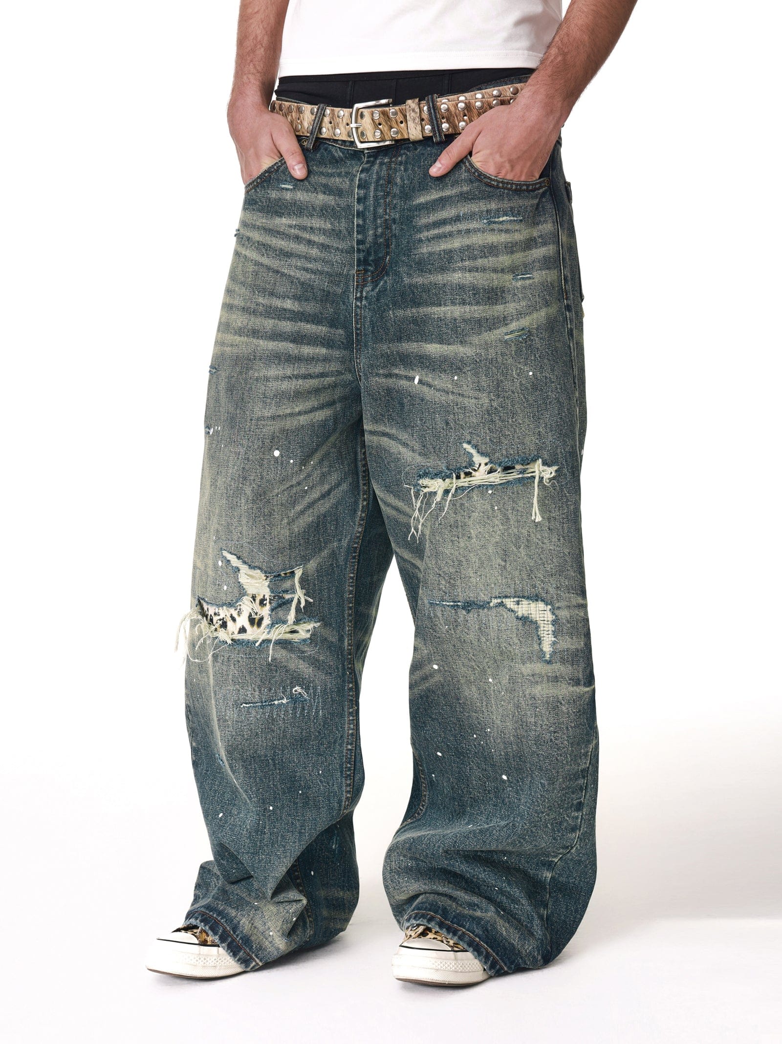 Vintage Washed Distressed Leopard Print Denim Pants