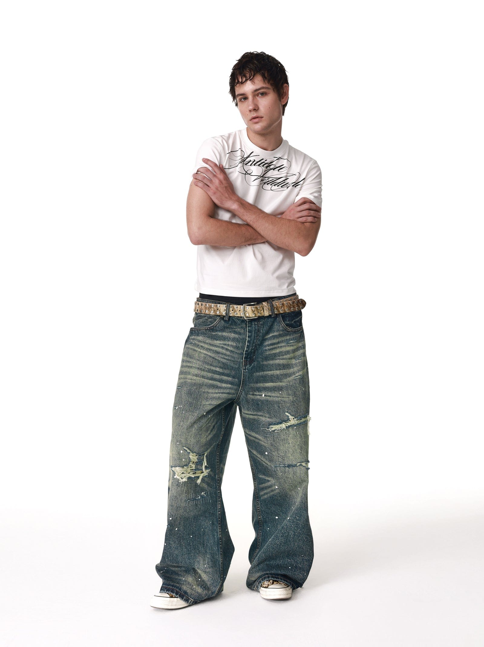 Vintage Washed Distressed Leopard Print Denim Pants