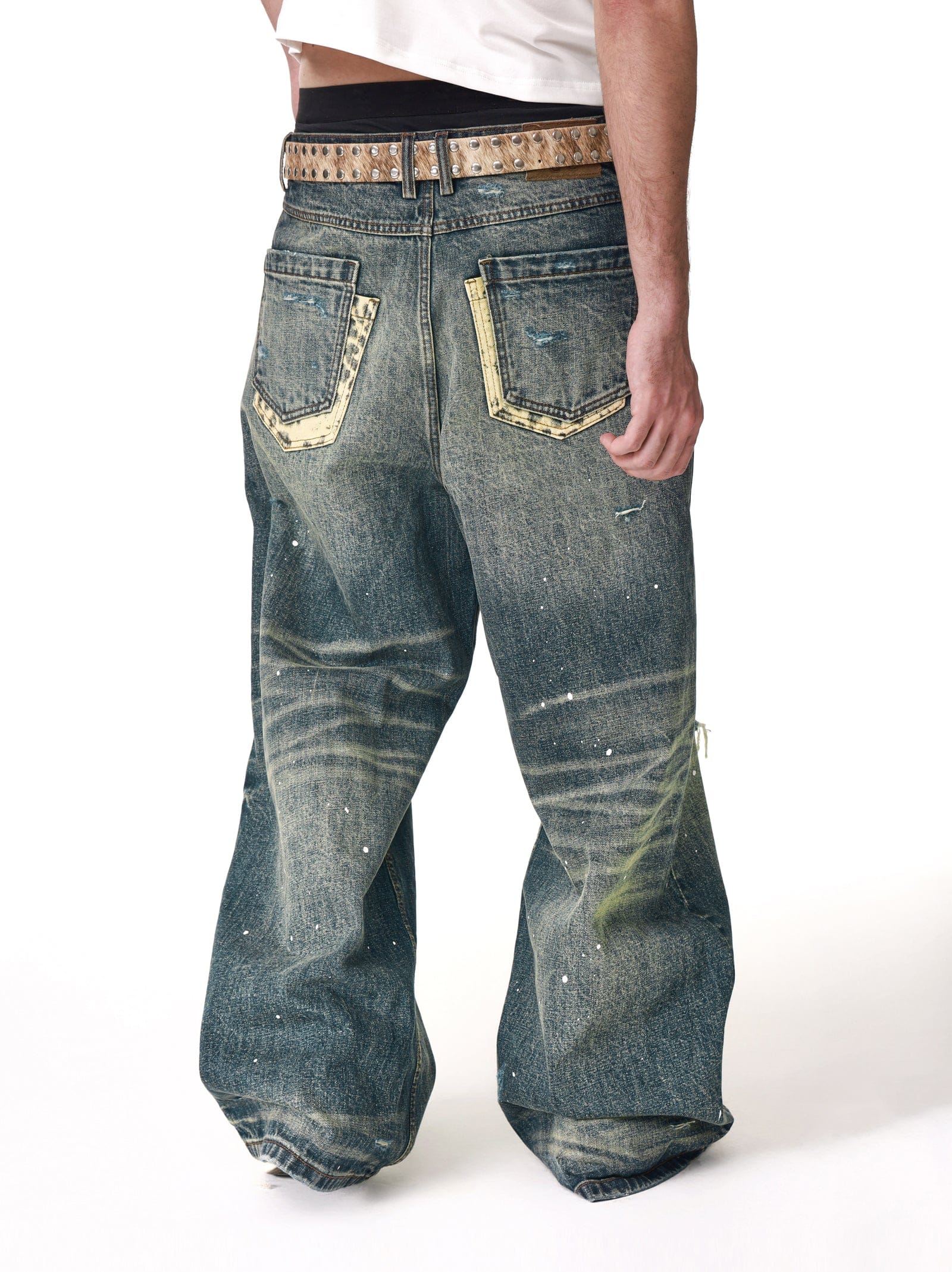 Vintage Washed Distressed Leopard Print Denim Pants