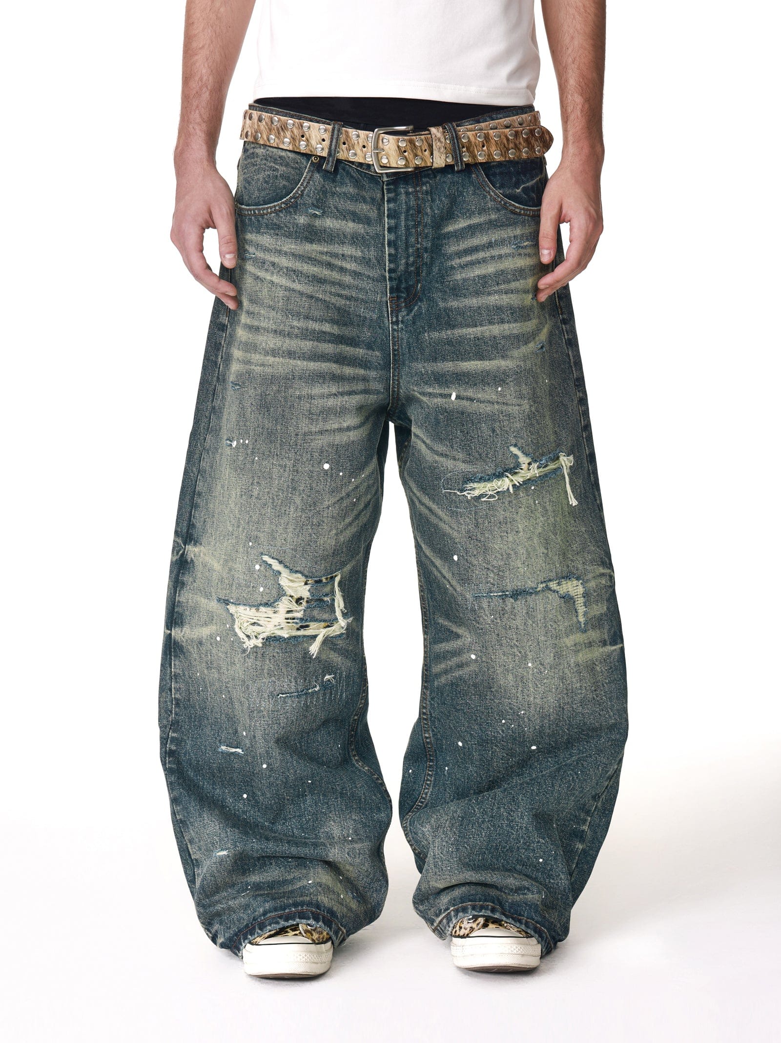 Vintage Washed Distressed Leopard Print Denim Pants