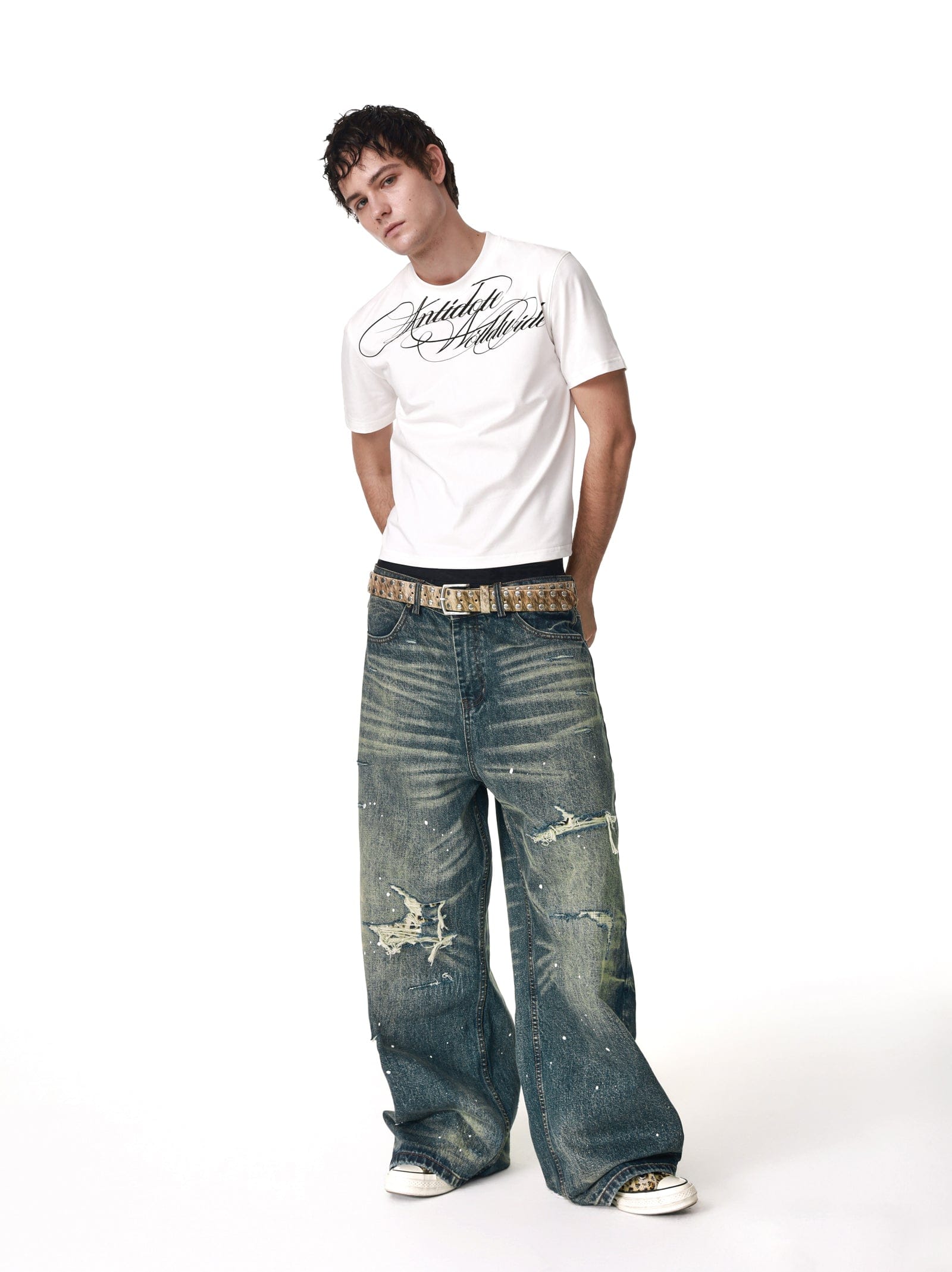 Vintage Washed Distressed Leopard Print Denim Pants