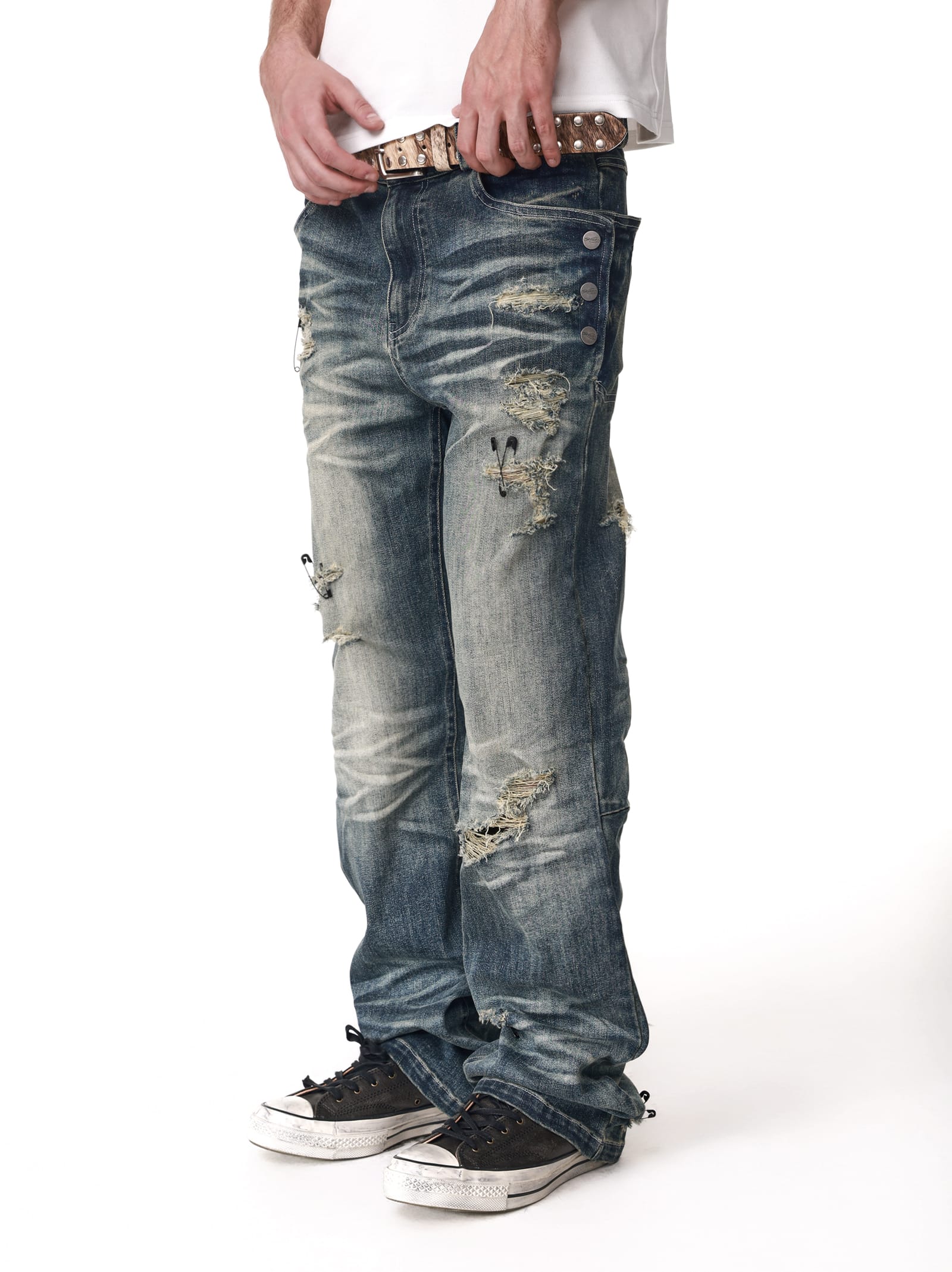 Vintage Washed Straight-Leg Safety Pin Jeans