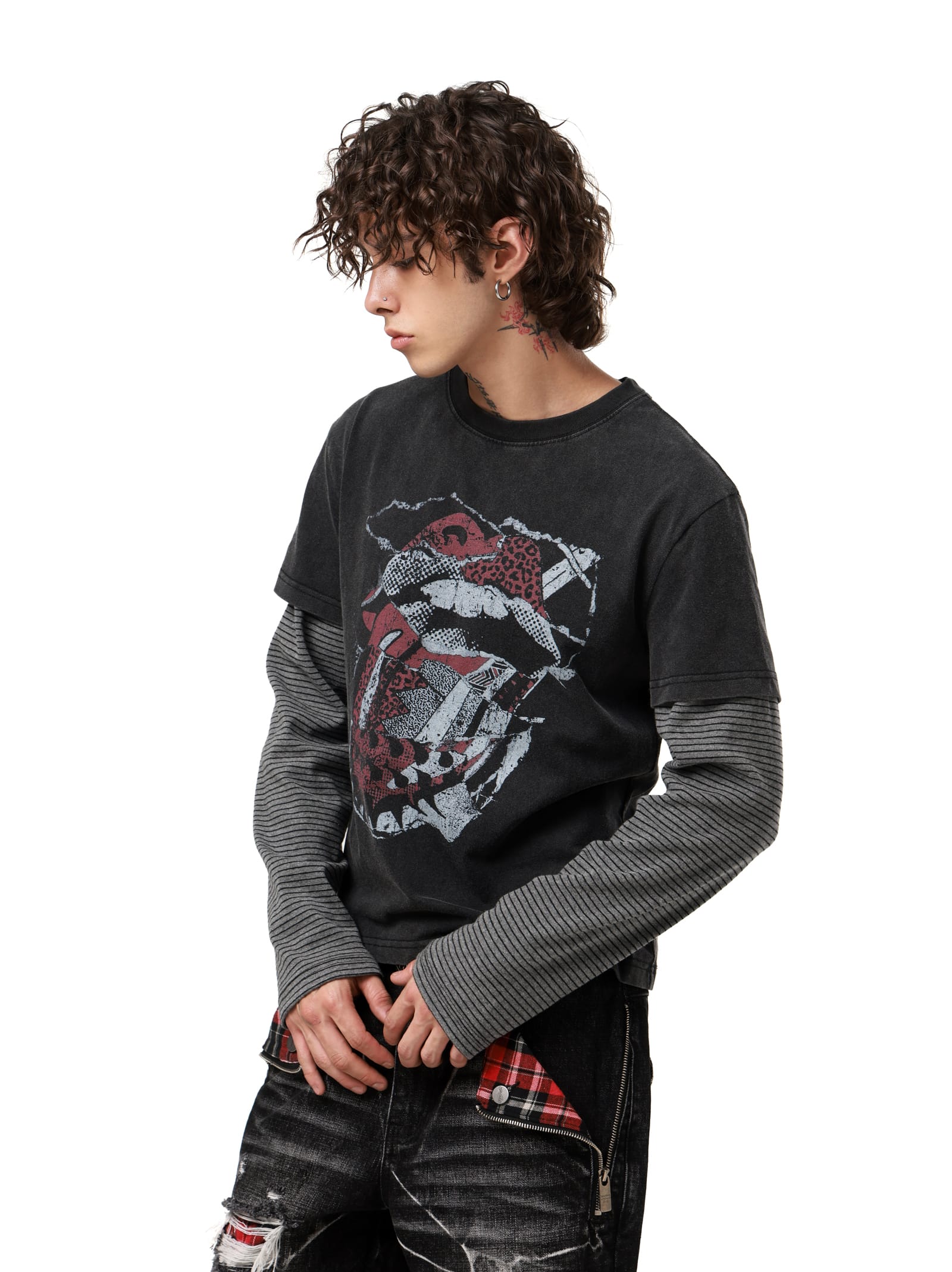 Washed Layered Striped Sleeve Tee
