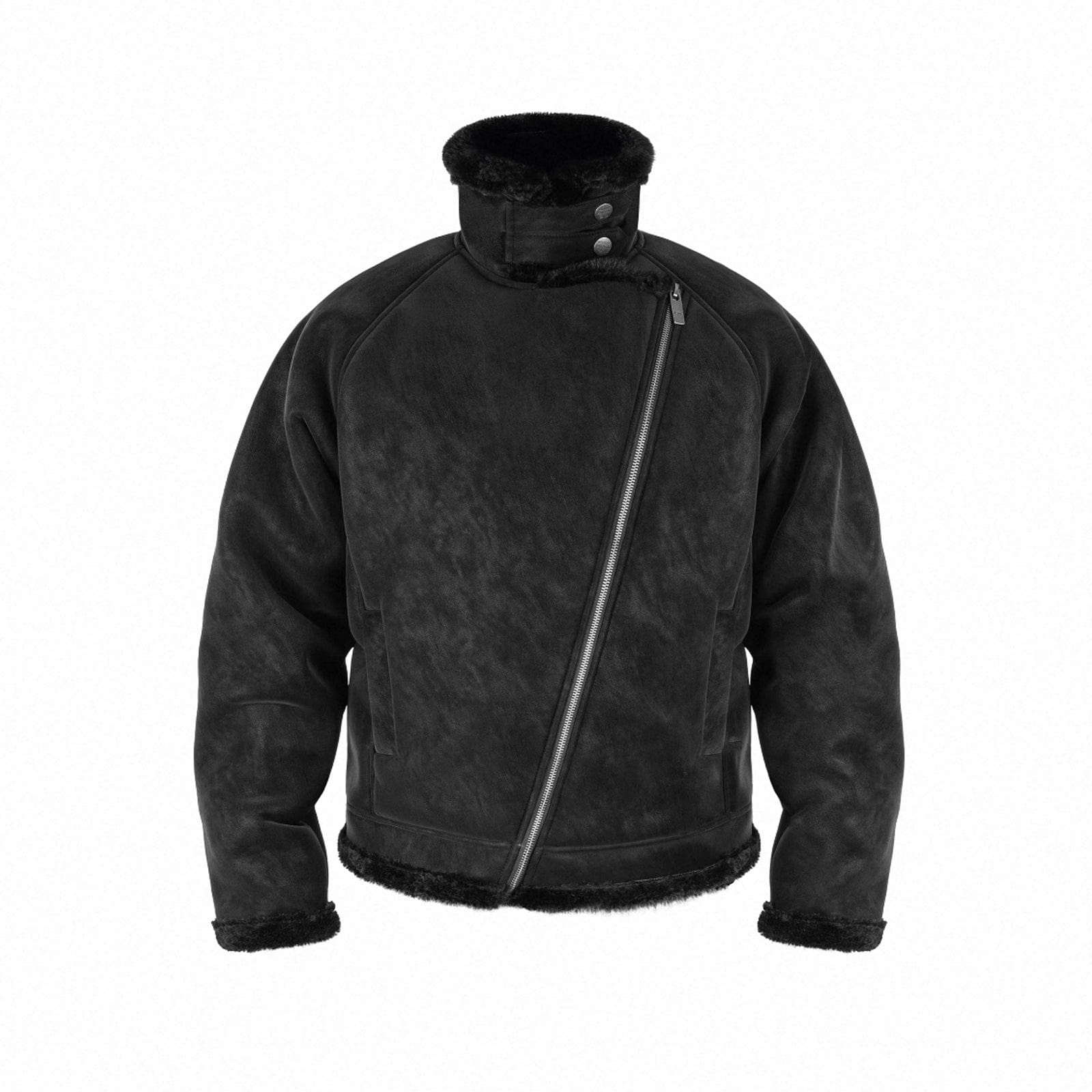 Black / S Asymmetric Zipper Shearling Jacket