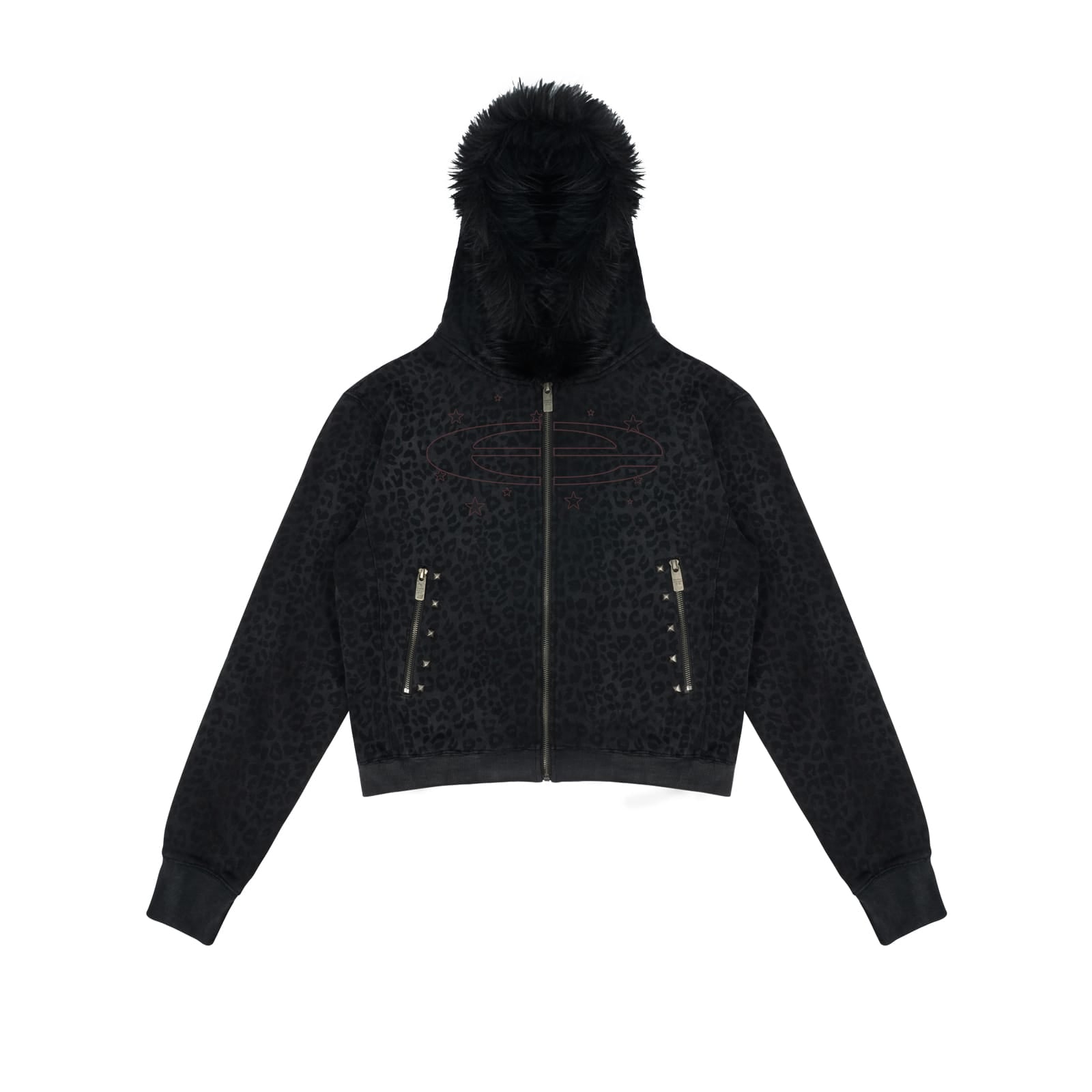 Black / S Distressed Leopard Print Zip-Up Hoodie