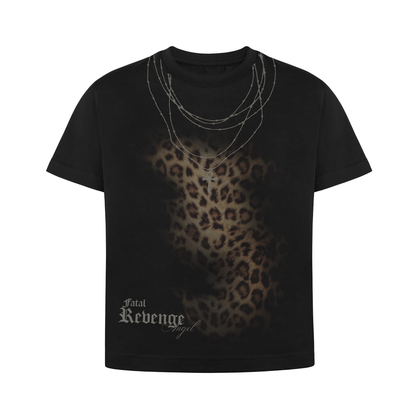 Black / S Fatal Revenge Angel Leopard Chain Print Tee