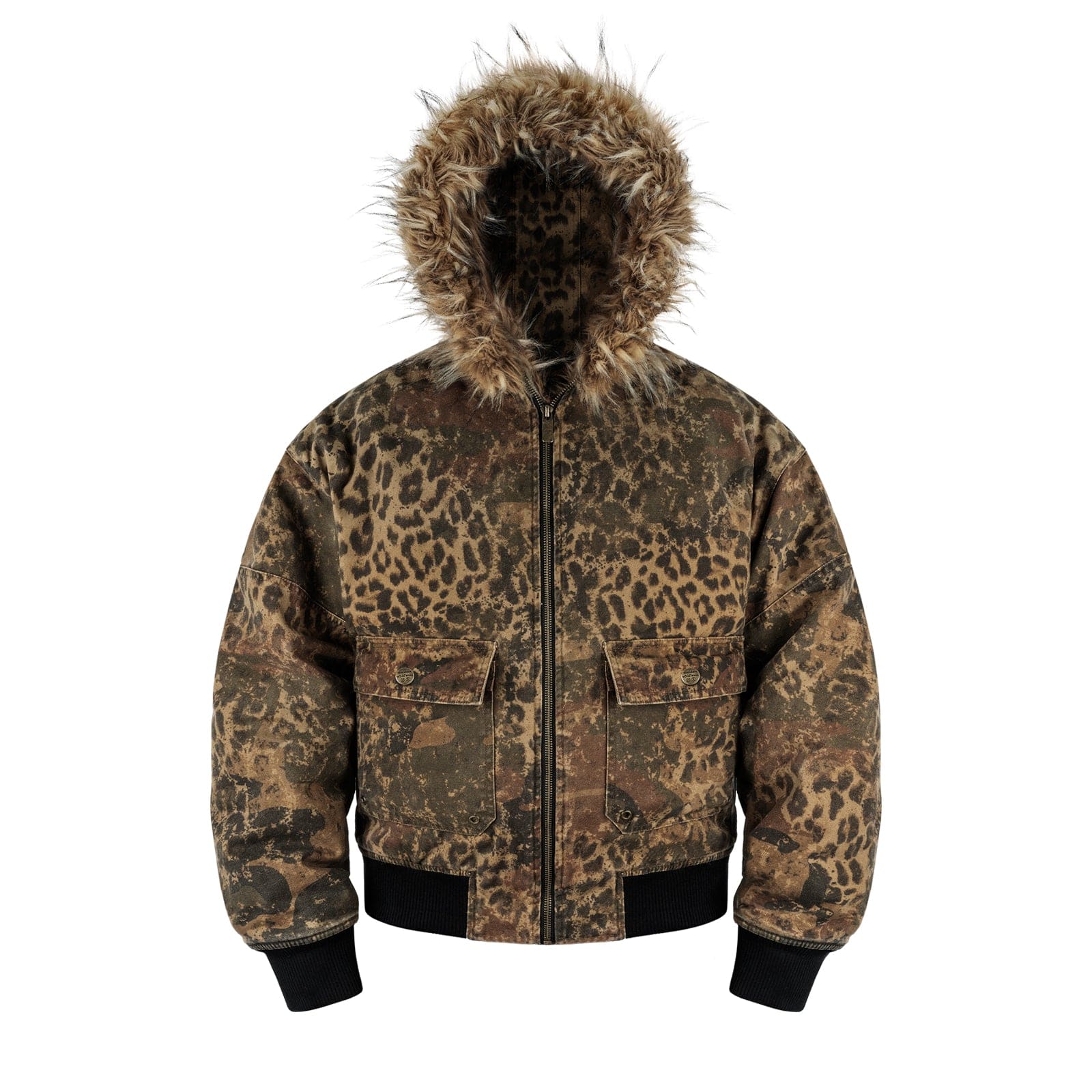 Black / S Leopard Camo Vintage Faux-Fur Bomber Jacket