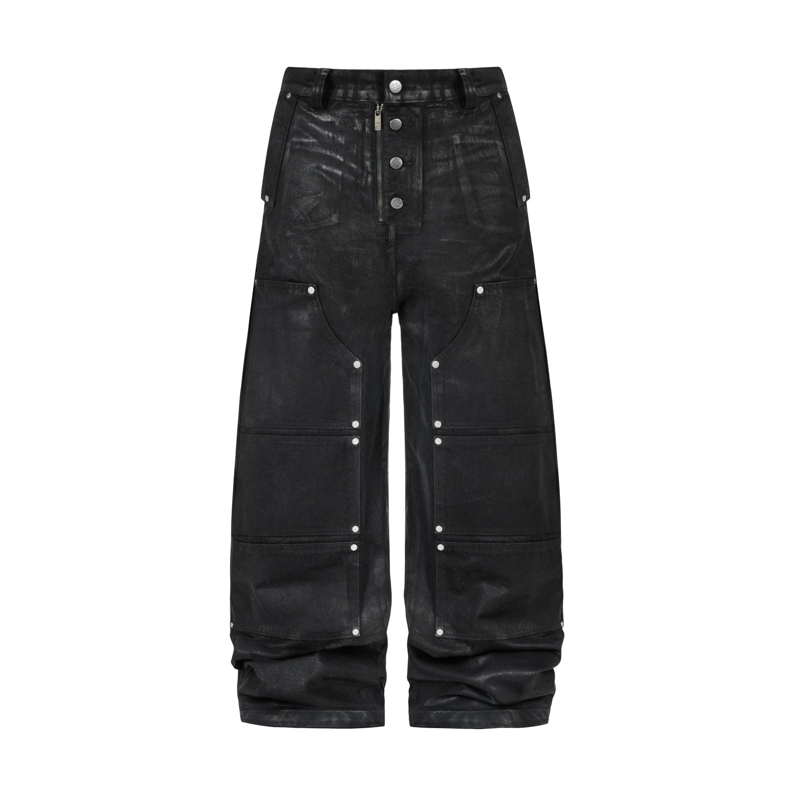 Black / S Waxed Studded Curved Denim Pants