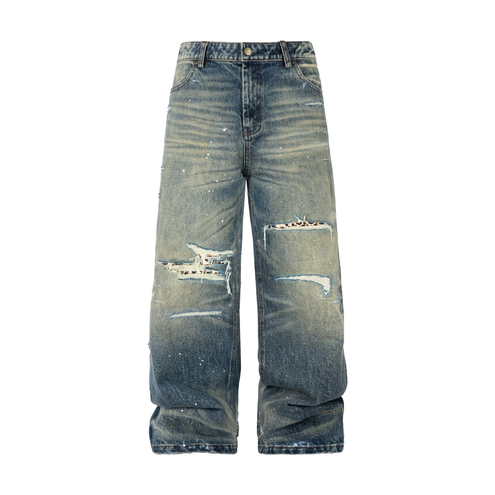 Blue / S Vintage Washed Distressed Leopard Print Denim Pants