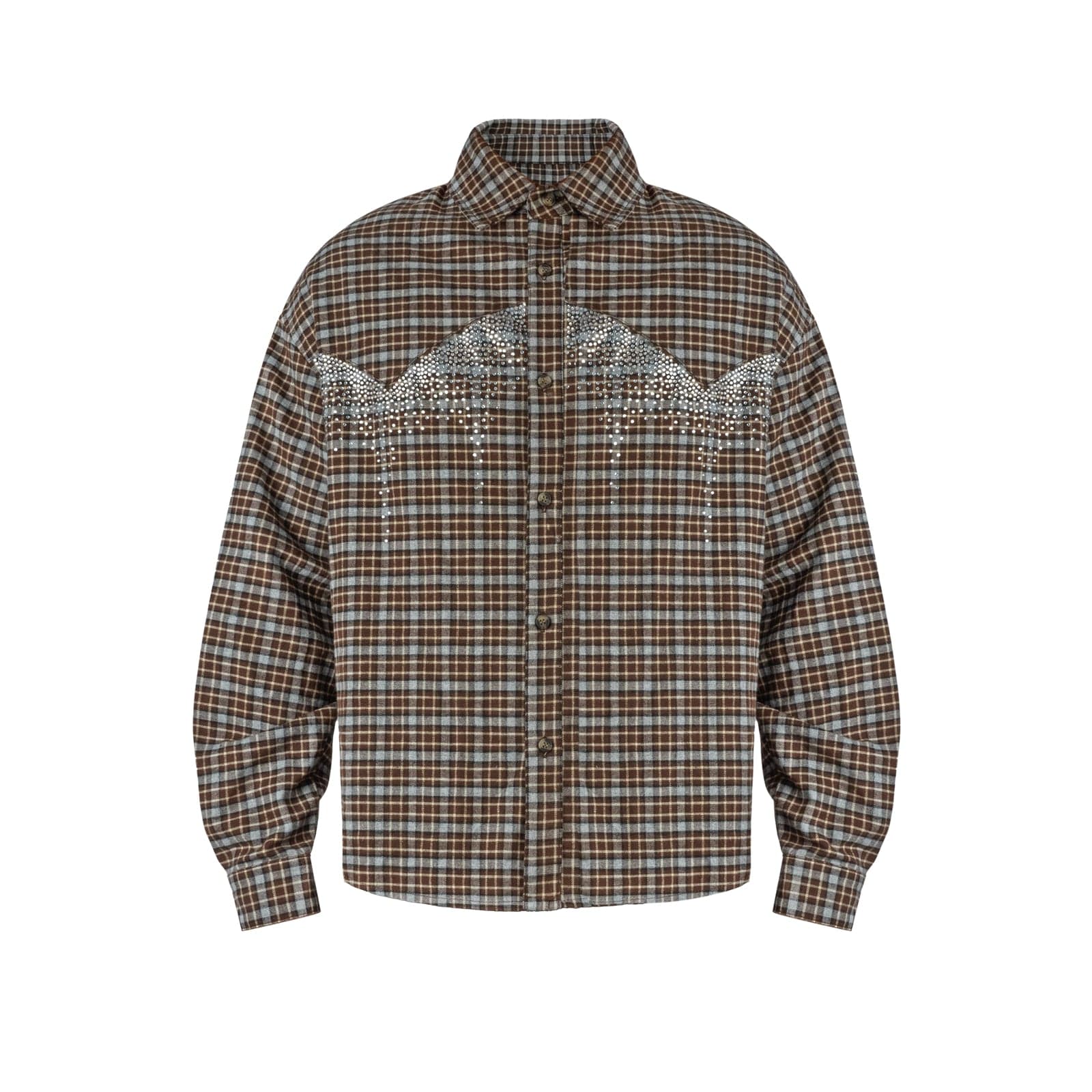 Brown / S Rhinestone Plaid Shirt