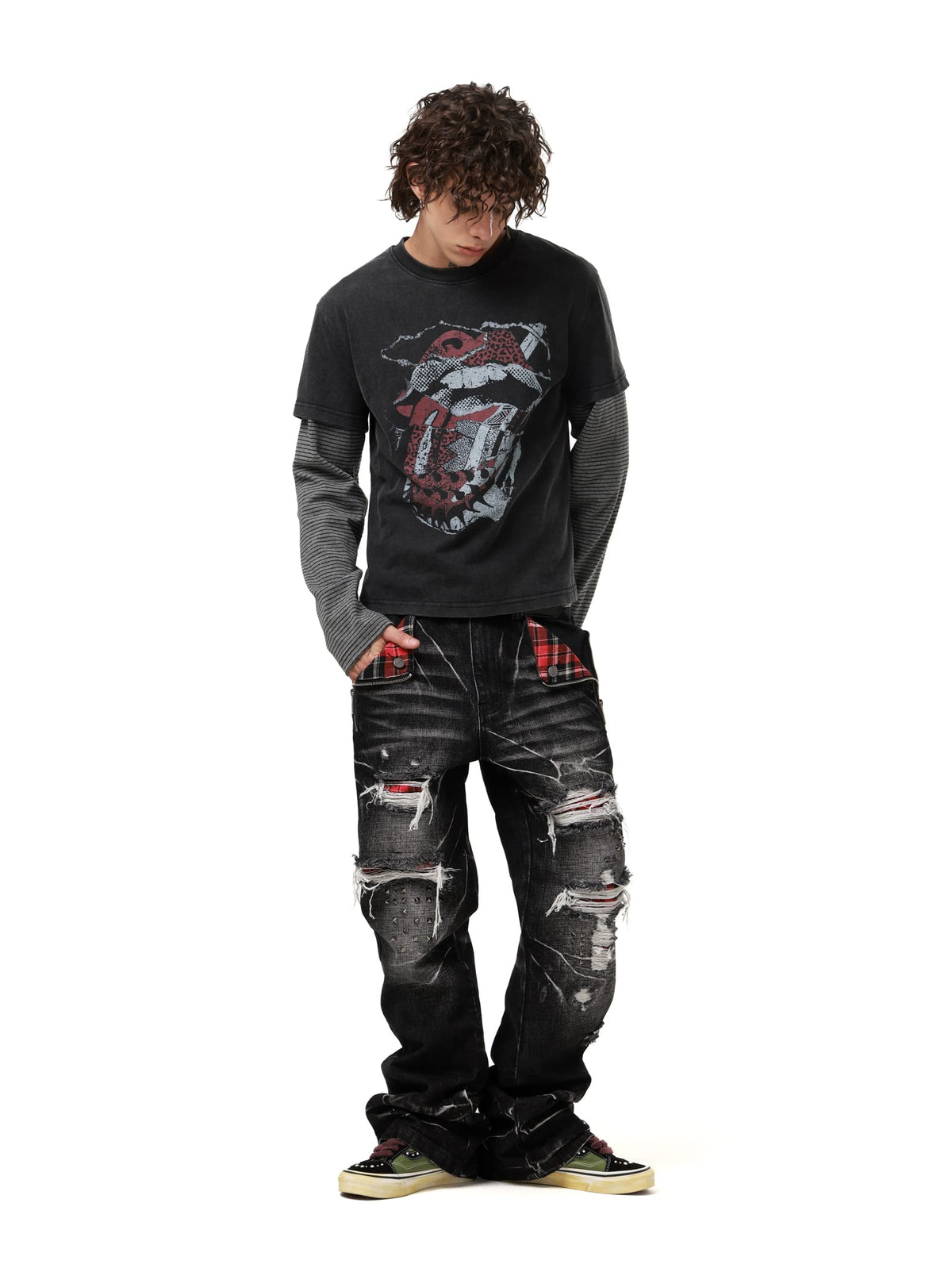 Claw Mark Plaid Patch Distressed Black Jeans