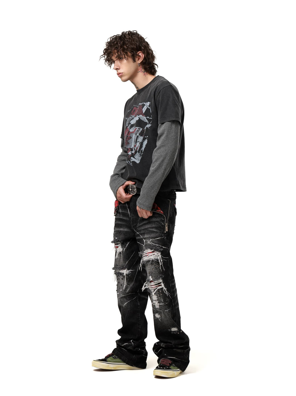 Claw Mark Plaid Patch Distressed Black Jeans