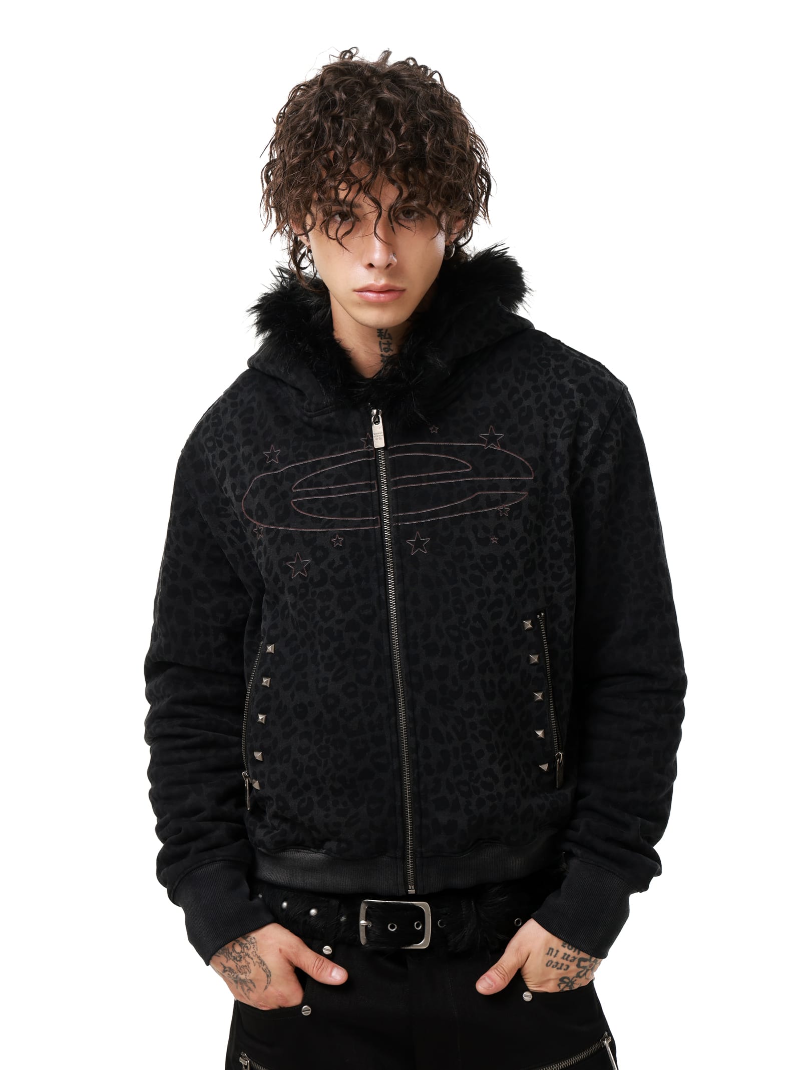 Distressed Leopard Print Zip-Up Hoodie