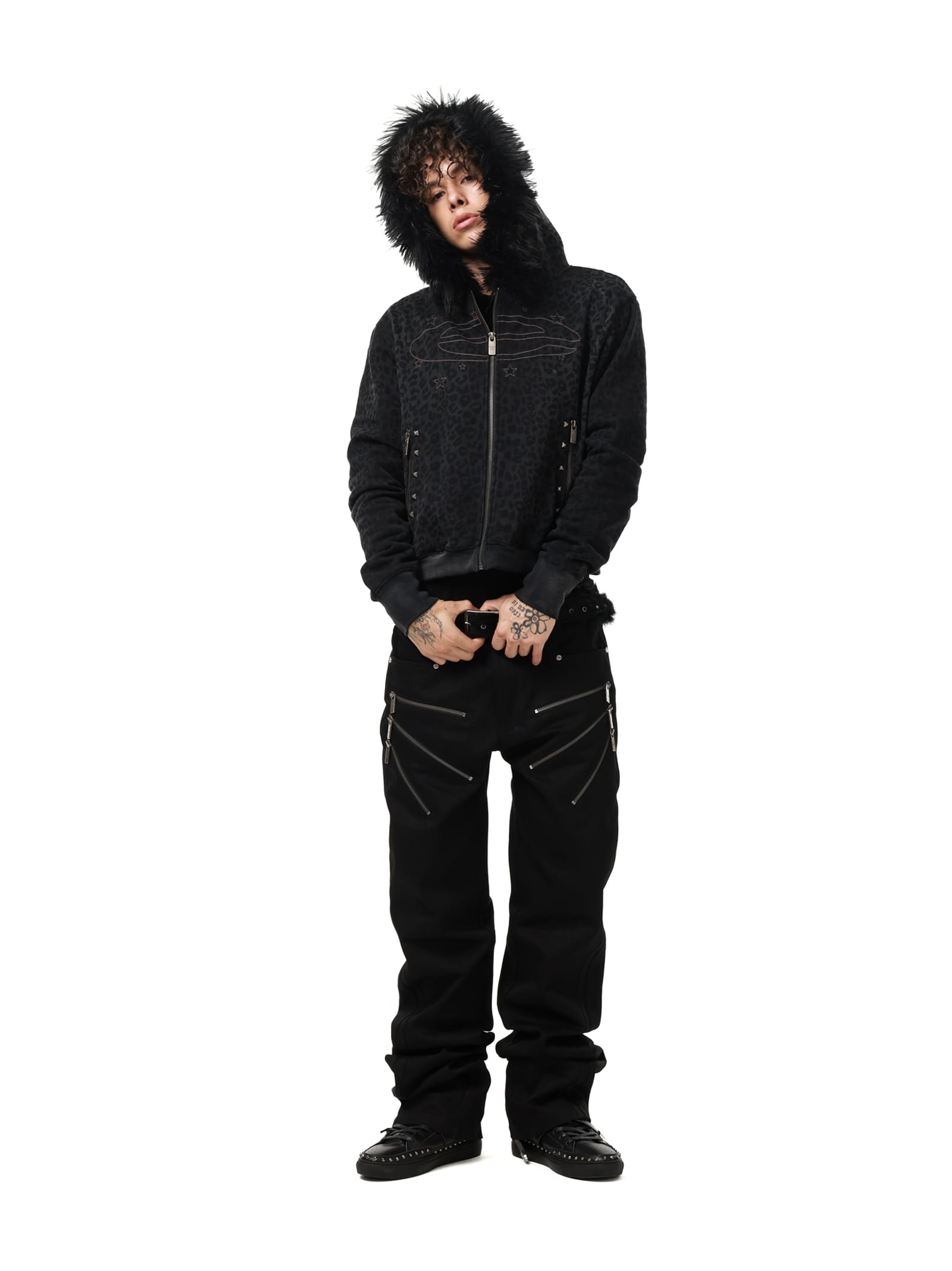 Distressed Leopard Print Zip-Up Hoodie