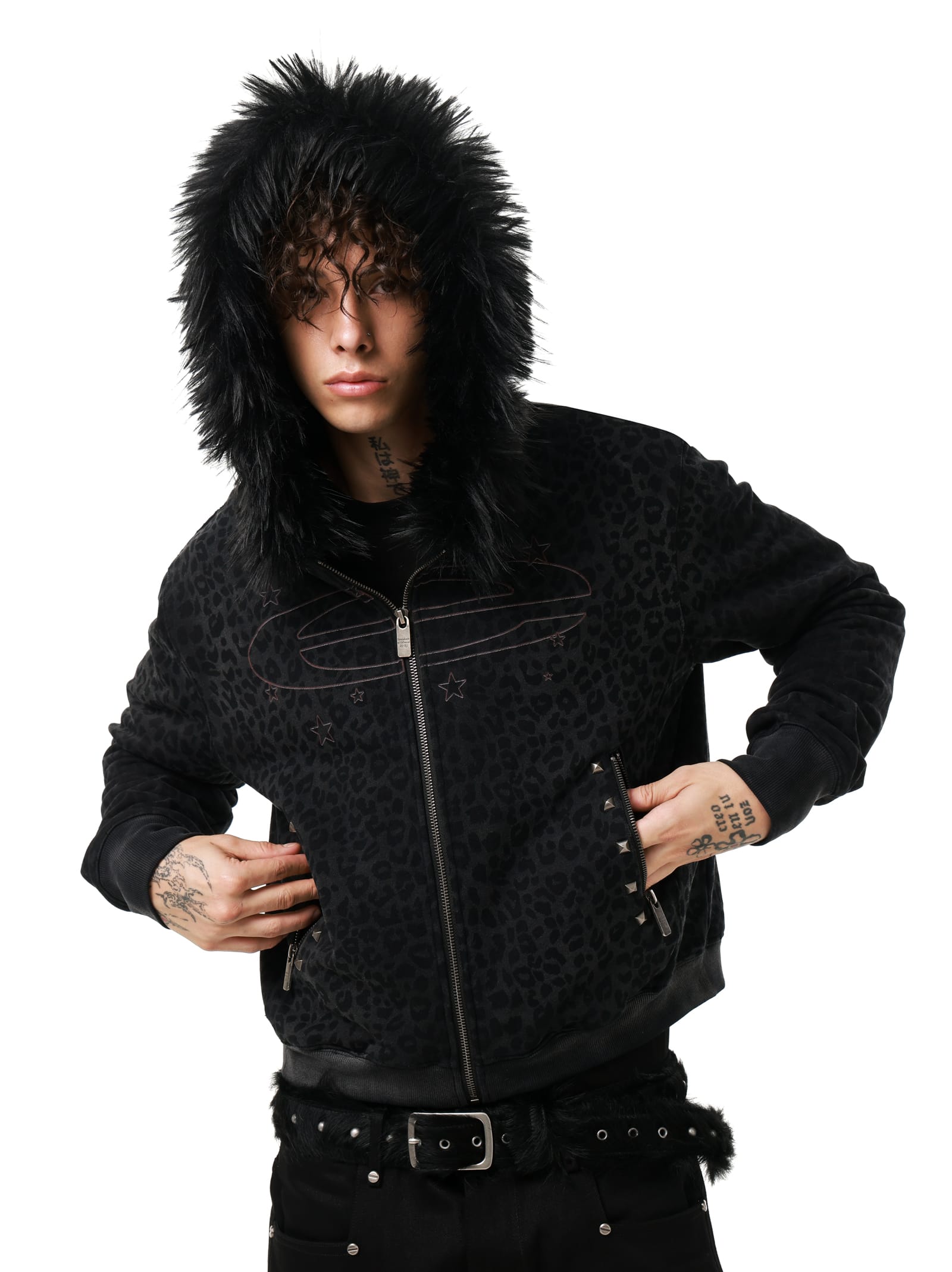 Distressed Leopard Print Zip-Up Hoodie