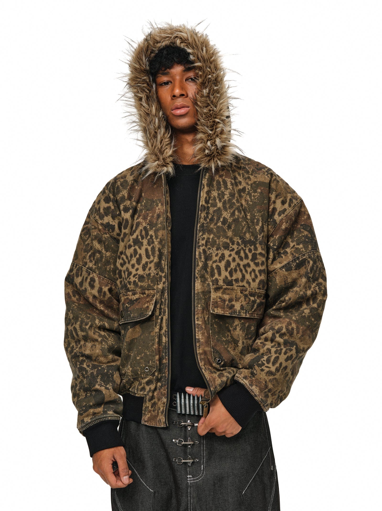 Leopard Camo Vintage Faux-Fur Bomber Jacket