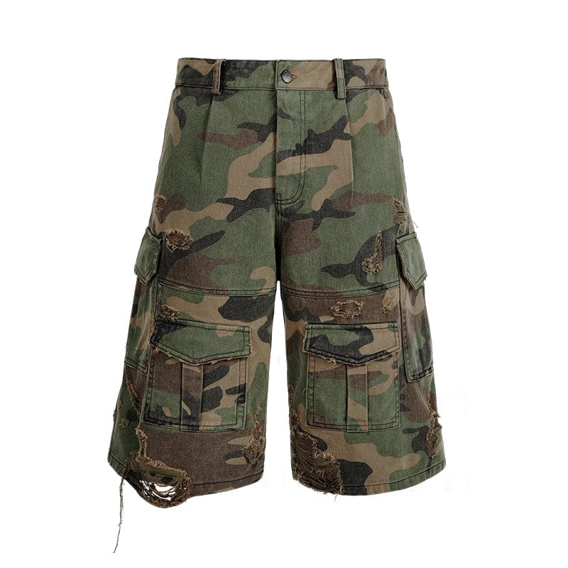 Pants Army green / S Ripped camouflage pants, American ripped overalls, loose wide-leg shorts
