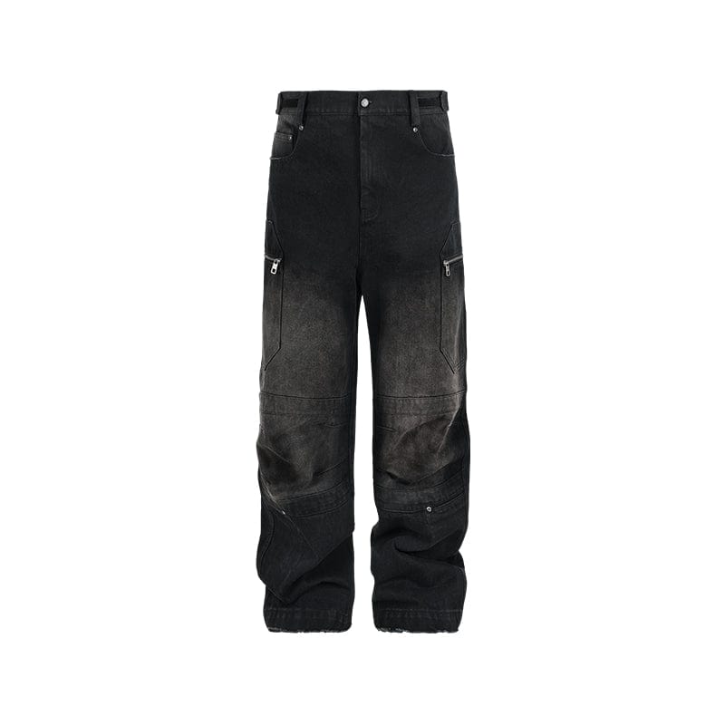 Pants Black / S Hidden pocket structure jeans, loose straight-leg faded distressed American street casual trousers