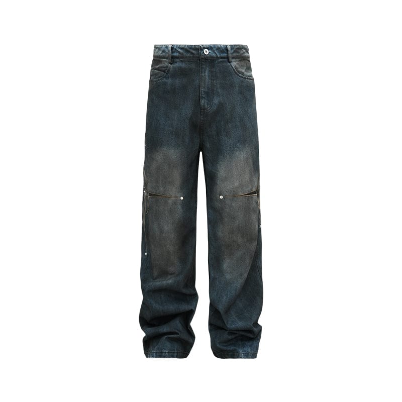 Pants Blue / S Retro street style loose leather studded jeans