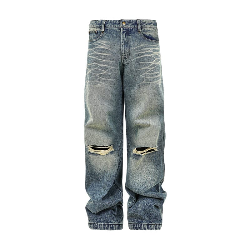Pants Blue / S Two-color knee-cut washed jeans ripped loose straight pants