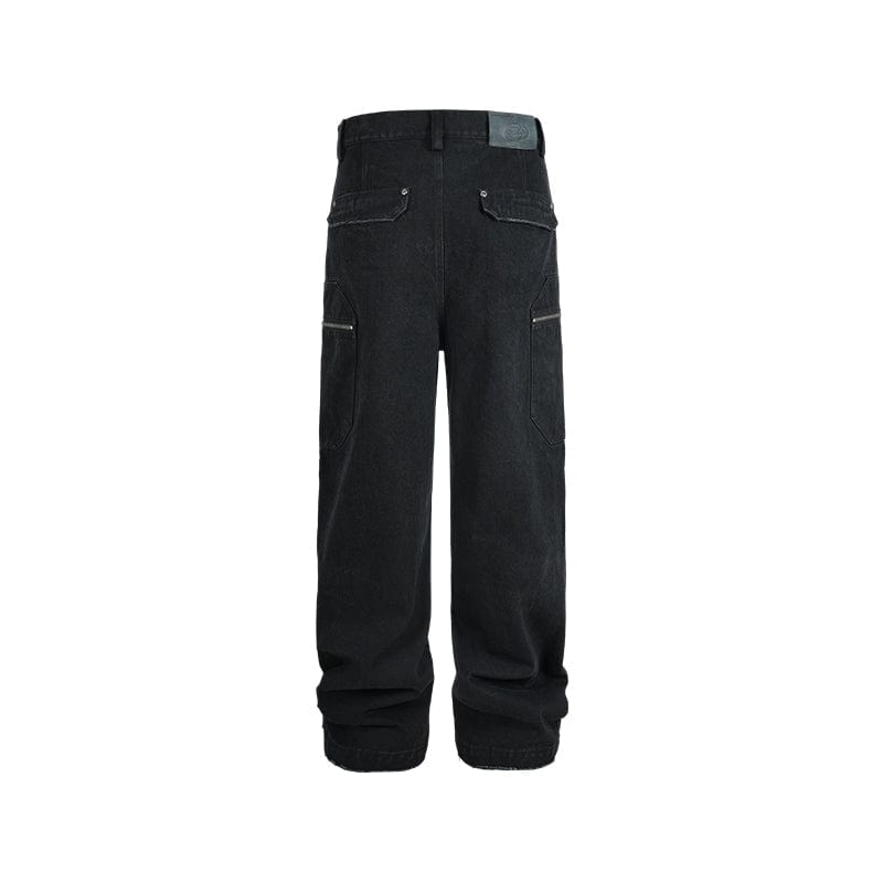 Pants Hidden pocket structure jeans, loose straight-leg faded distressed American street casual trousers